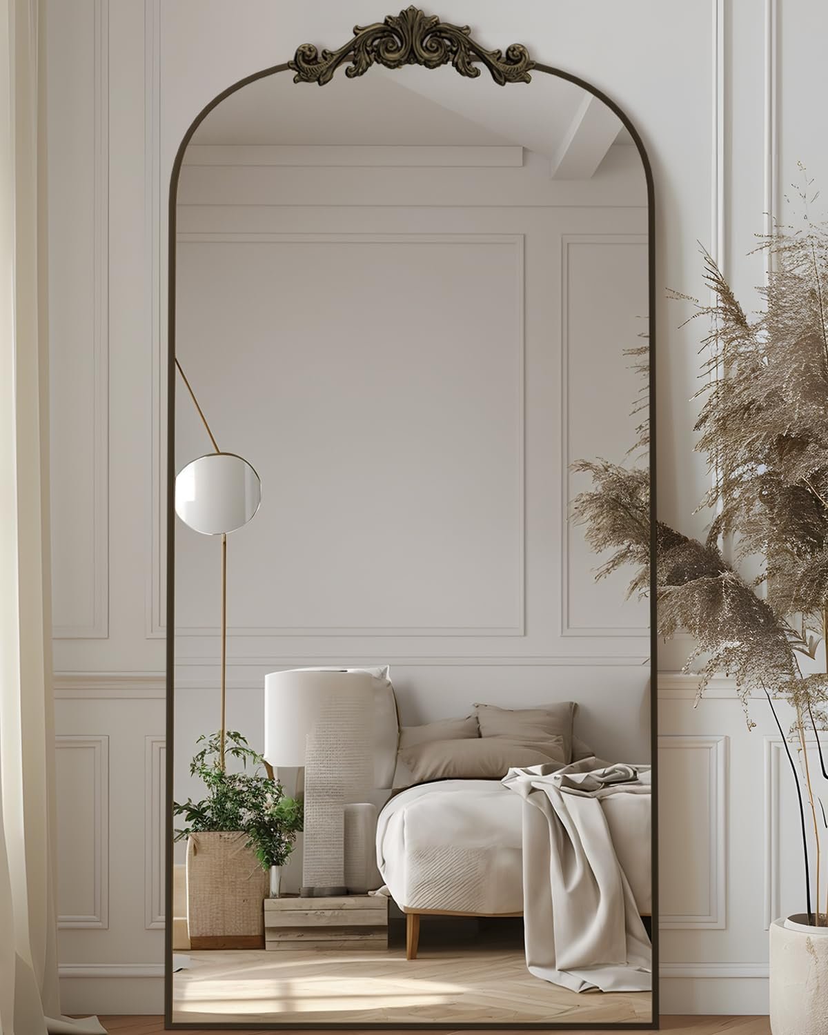 Antok Arched Full Length Mirror, 71″x28″ Floor Mirror with Carved Frame, Standing/Wall Hanging Large Mirror for Bedroom, Living Room, Cloakroom, Bronze, Retro Style
