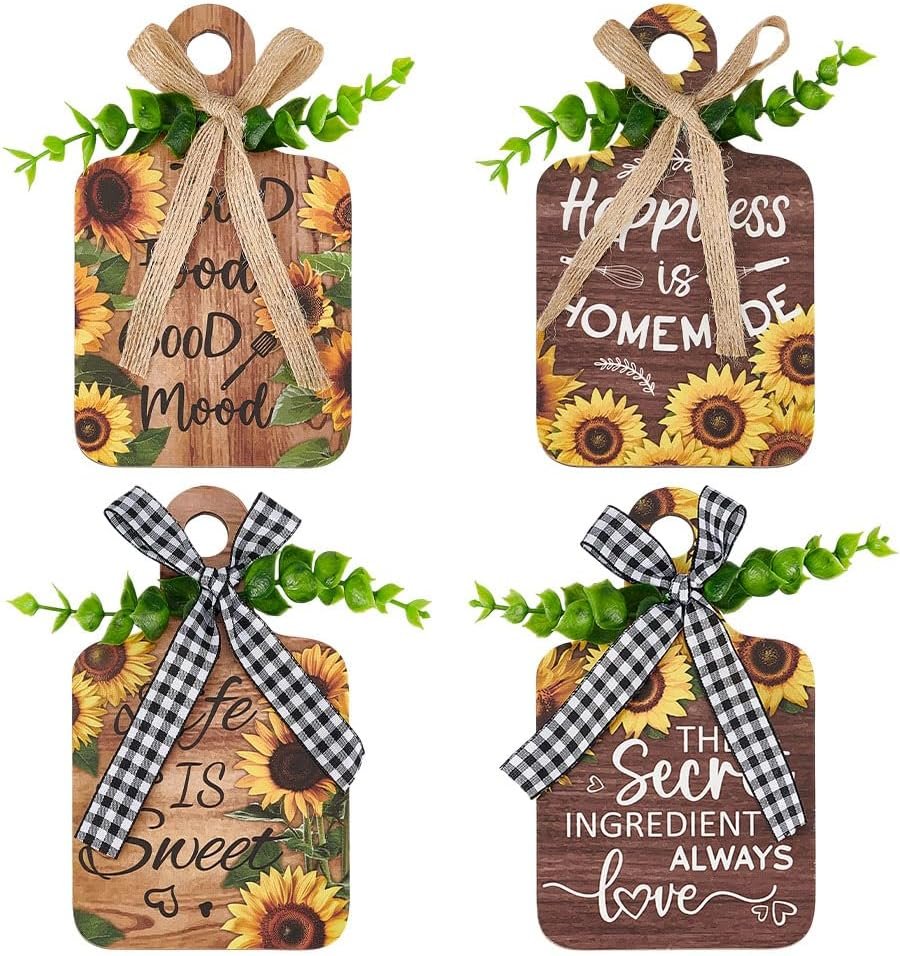 PH PandaHall 4pcs 3.5×5.9 inch Sunflower Dining Sign Decoration Wooden Kitchen Signs Wall Decor, Cutting Board Dining Signs Wall Art Decoration for Home Kitchen Dining Room Decor