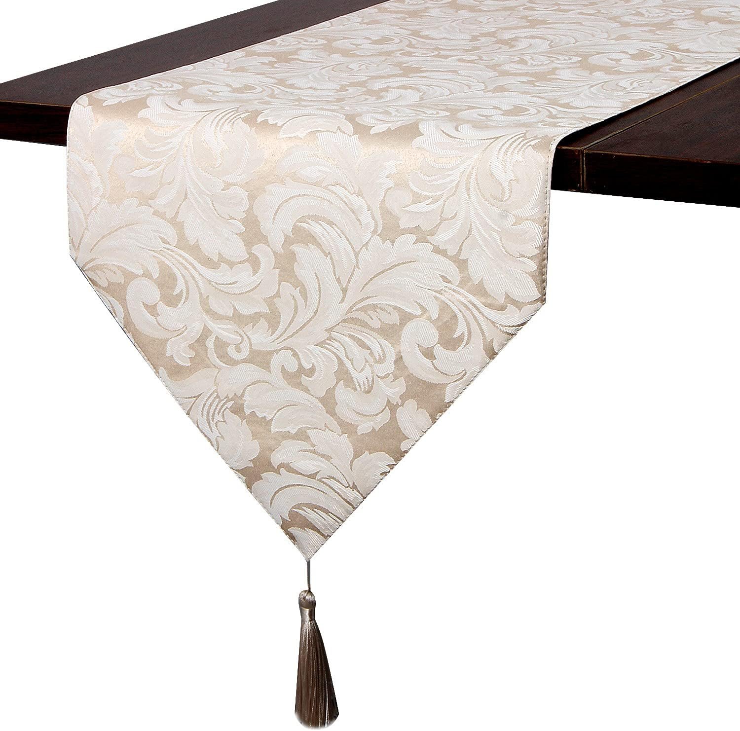 EHouseHome Jacquard Damask Reversible Beige Table Runners with Tassels 13 x 72 inch Wrinkle and Water Resistant Spill-Proof Decorative Dining and Wedding Runners