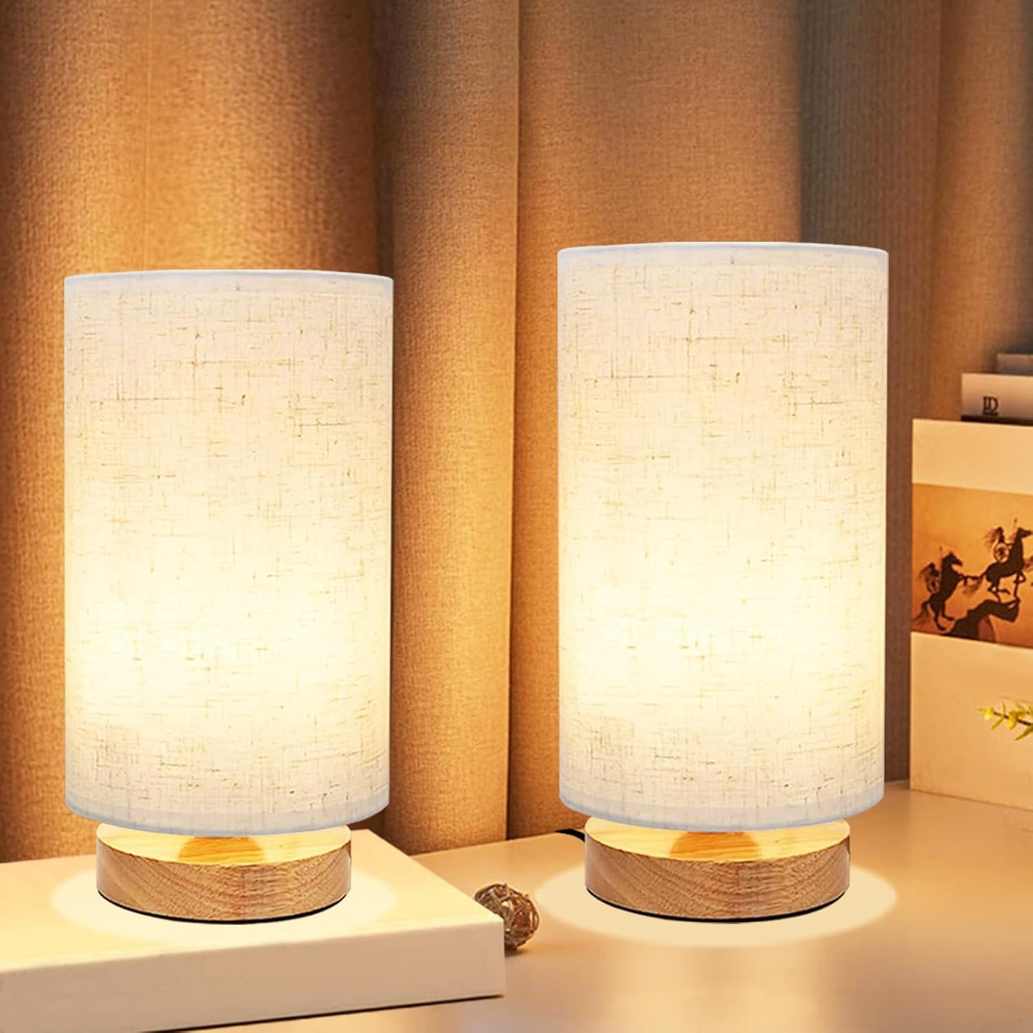 Small Bedside Table Lamp for Bedroom set of 2,Minimalist Wood Base & Round Fabric Shade,Mini Cute Cozy Warm Nightstand Boho Lamp set, Study Desk Night Stand Light for Room, Dorm,Nursery,Living Room