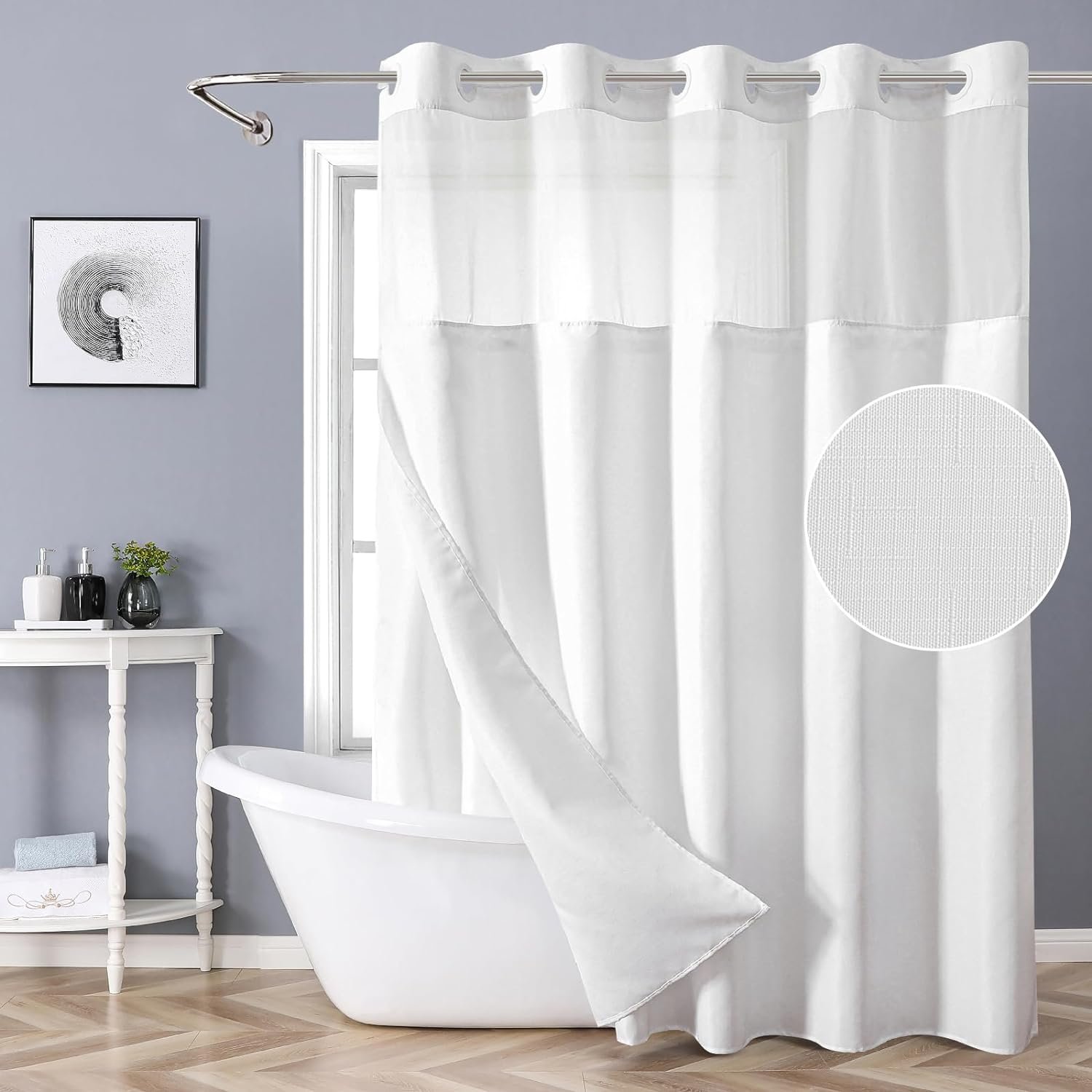 eachope White No Hook Shower Curtain with Snap-in Fabric Liner Set,Slub Textured Fabric Shower Curtains for Bathroom,Hotel Style Modern Shower Curtain,Water Repellent & Washable,71×74(72)