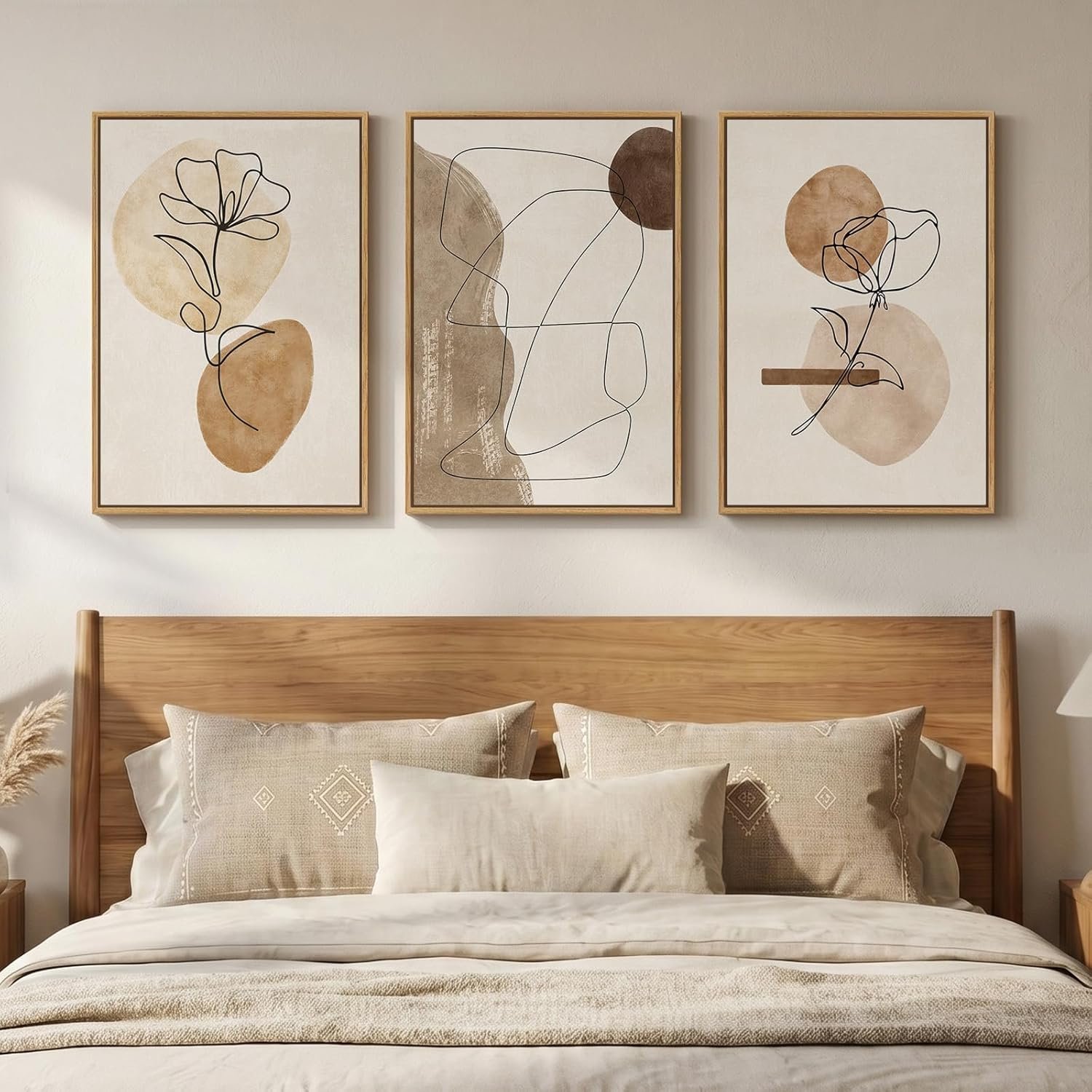 Framed Neutral Abstract Boho Wall Art Bedroom, 3 Piece Brown Black Botanical Minimalist Floral Lines Canvas Artwork for Walls, Modern Bohemian Pictures for Dining Room Living Room Wall Decor, 16×24 In