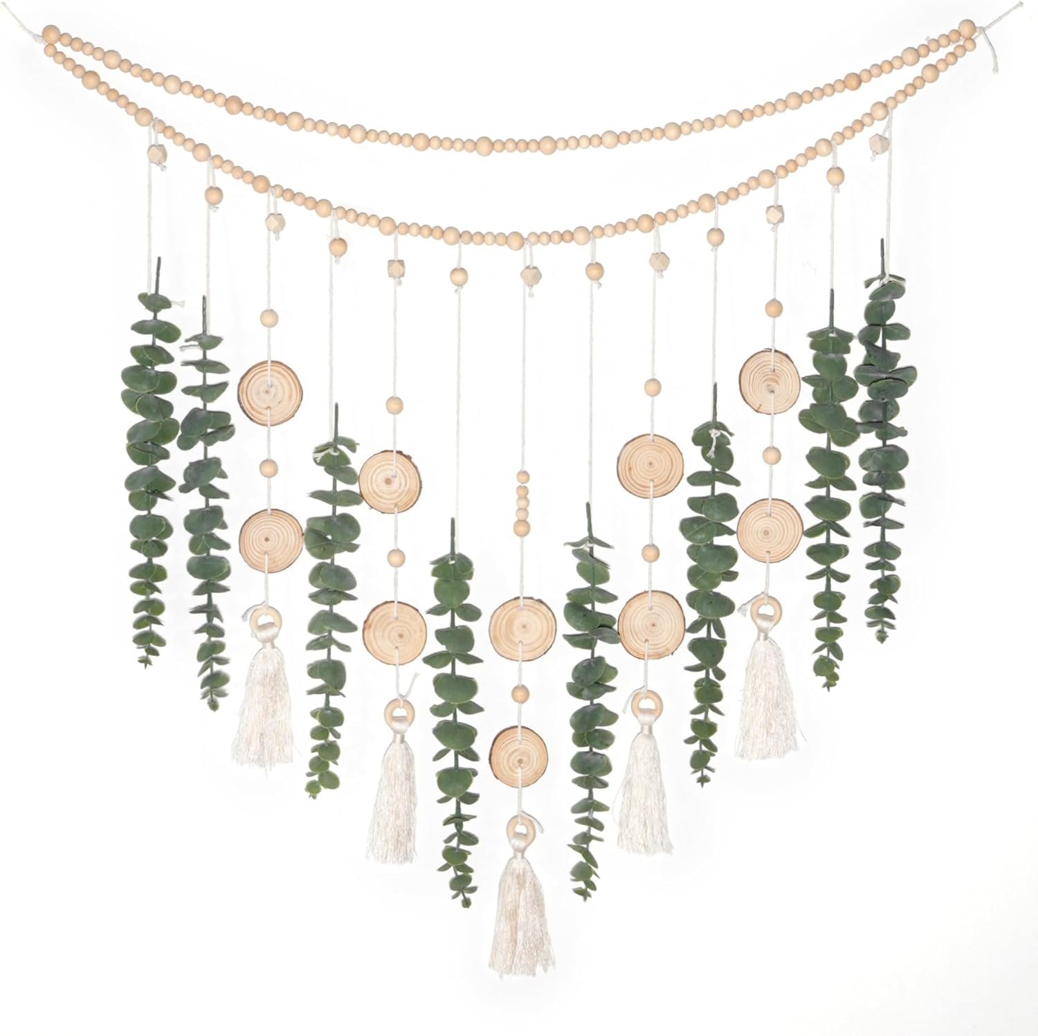 Artificial Hanging Eucalyptus Wall Decor Fake Greenery Leaves Wall Hanging Plants on Long Wooden Beads Garland Wall Art Large Boho Rustic Farmhouse Decor for Bathroom Bedroom Living Room Sage Green