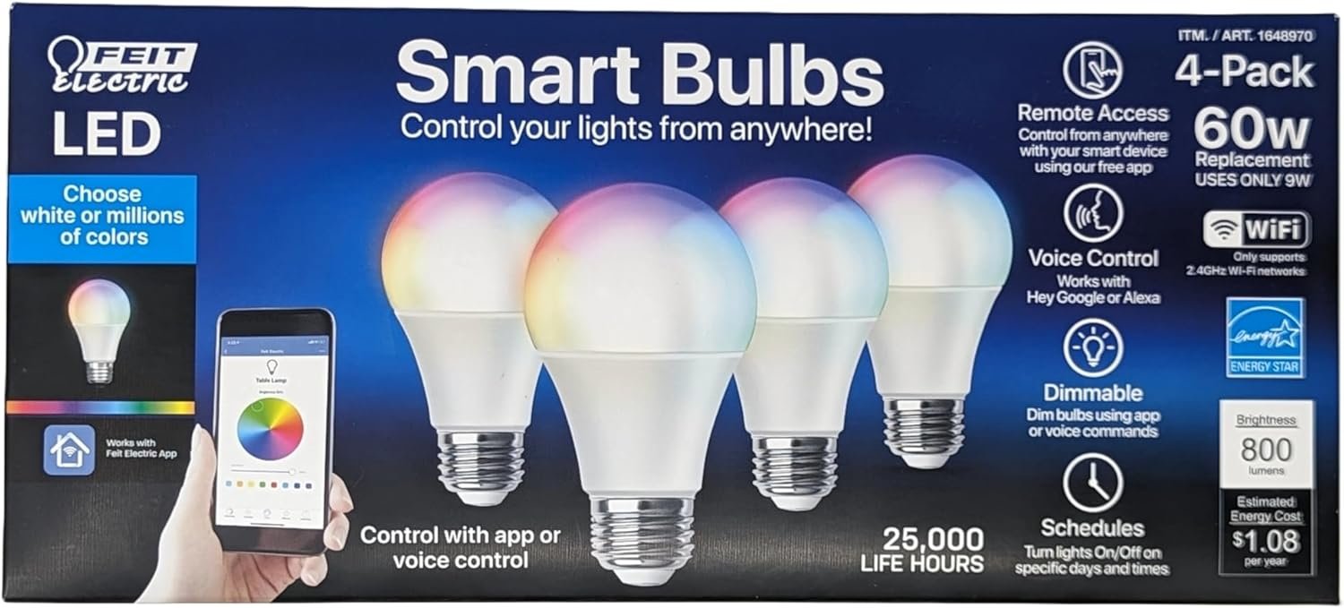 9W (60W Replacement) E26 Base A19 Color Changing Smart Light Bulb for Google and Alexa (4-Pack)