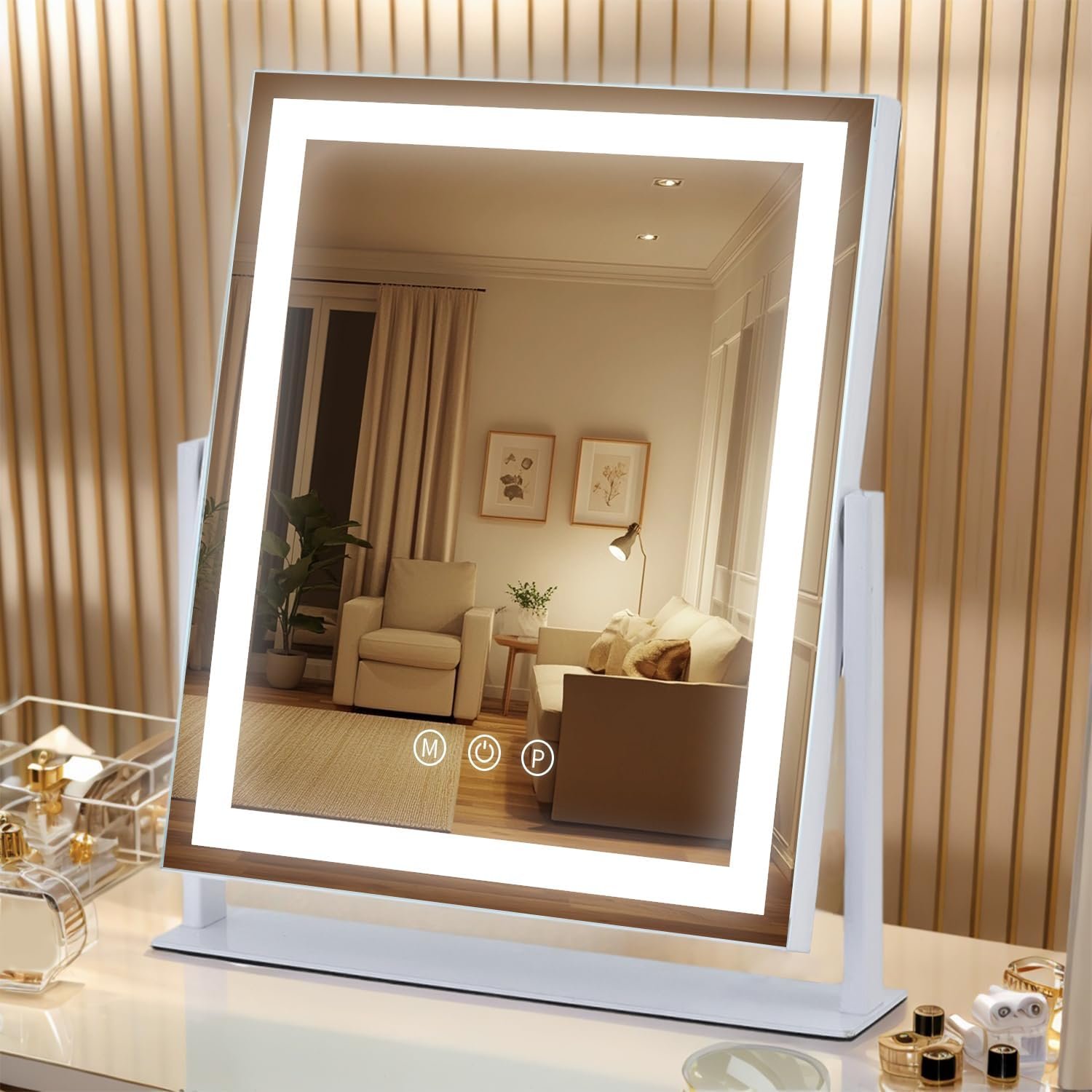 Lighted Makeup Mirror with Smart Touch, 3 Color Modes & Stepless Dimming, for Desk Bedroom Dressing Room, LED Vanity Mirror 13.2″ H x 11.2″ W