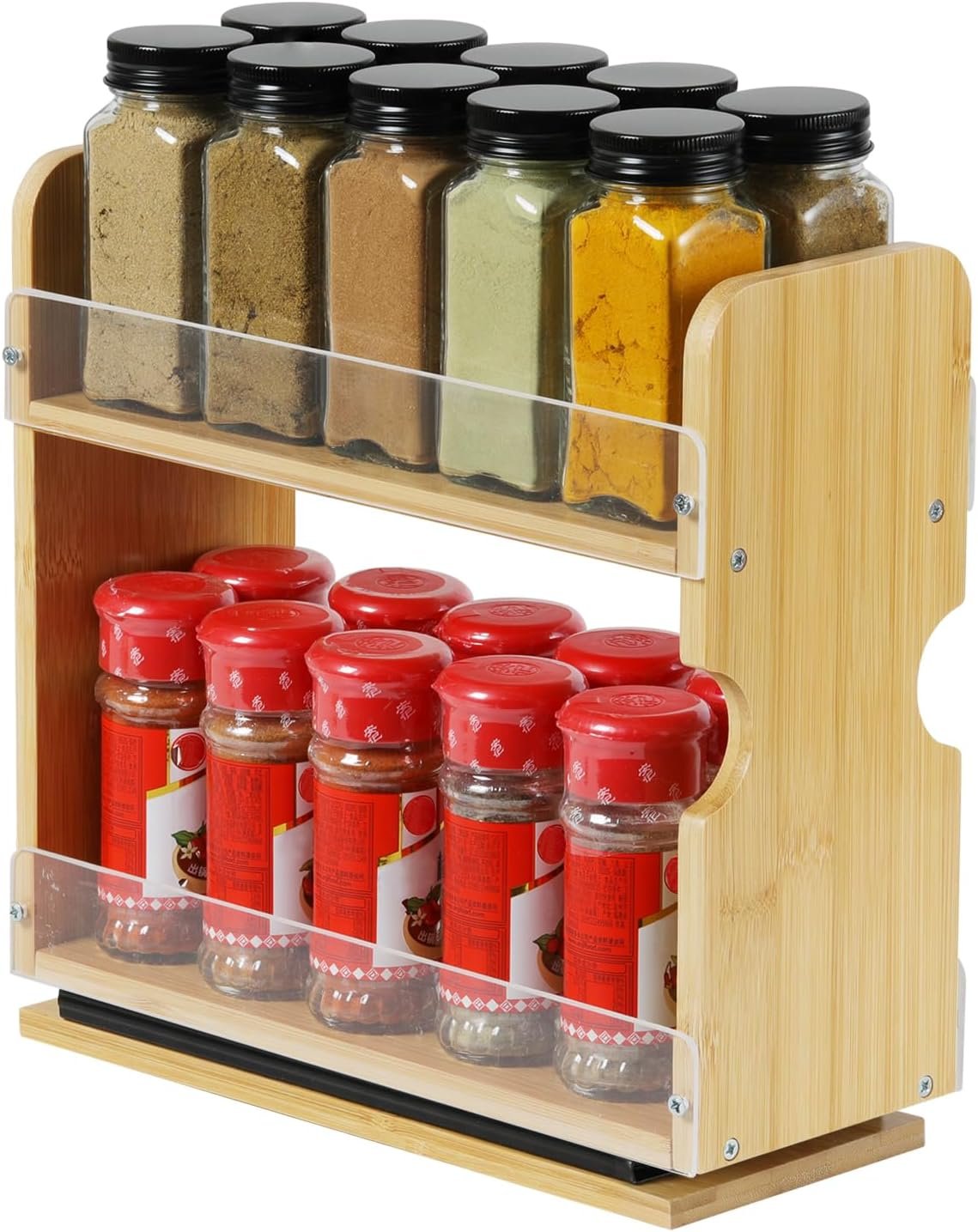 2 Tier Pull Out Spice Rack Organizer, Bamboo Sliding Spice Rack for Kitchen Cabinet, (4.4″ W x 10.6″ D x 10.4″ H) Spice Storage, Pantry Organization