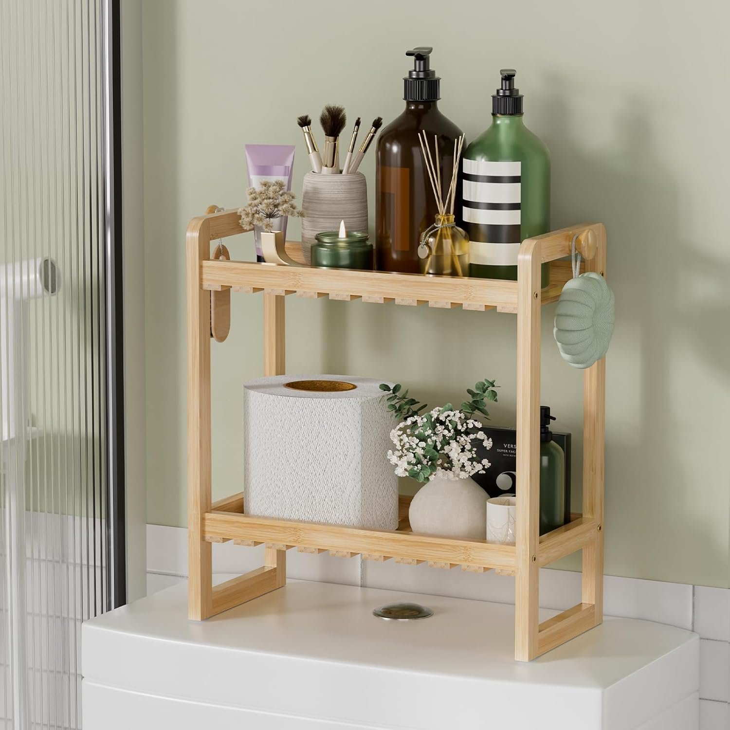 AmazerBath Bamboo Over The Toilet Storage Shelf – 2-Tier Bathroom Organizers and Storage Shelves, 2 in 1 Dual Stable Above Over Toilet Bamboo Shelf Home Storages Rack for Small Bathroom, Space Saver