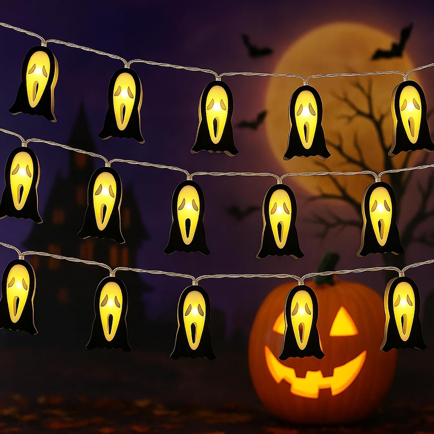 Halloween String Lights, 9.8 FT 20 LED Spooky Ghost Decorative Lights for Indoor Outdoor Halloween Party Yard Porch Decor