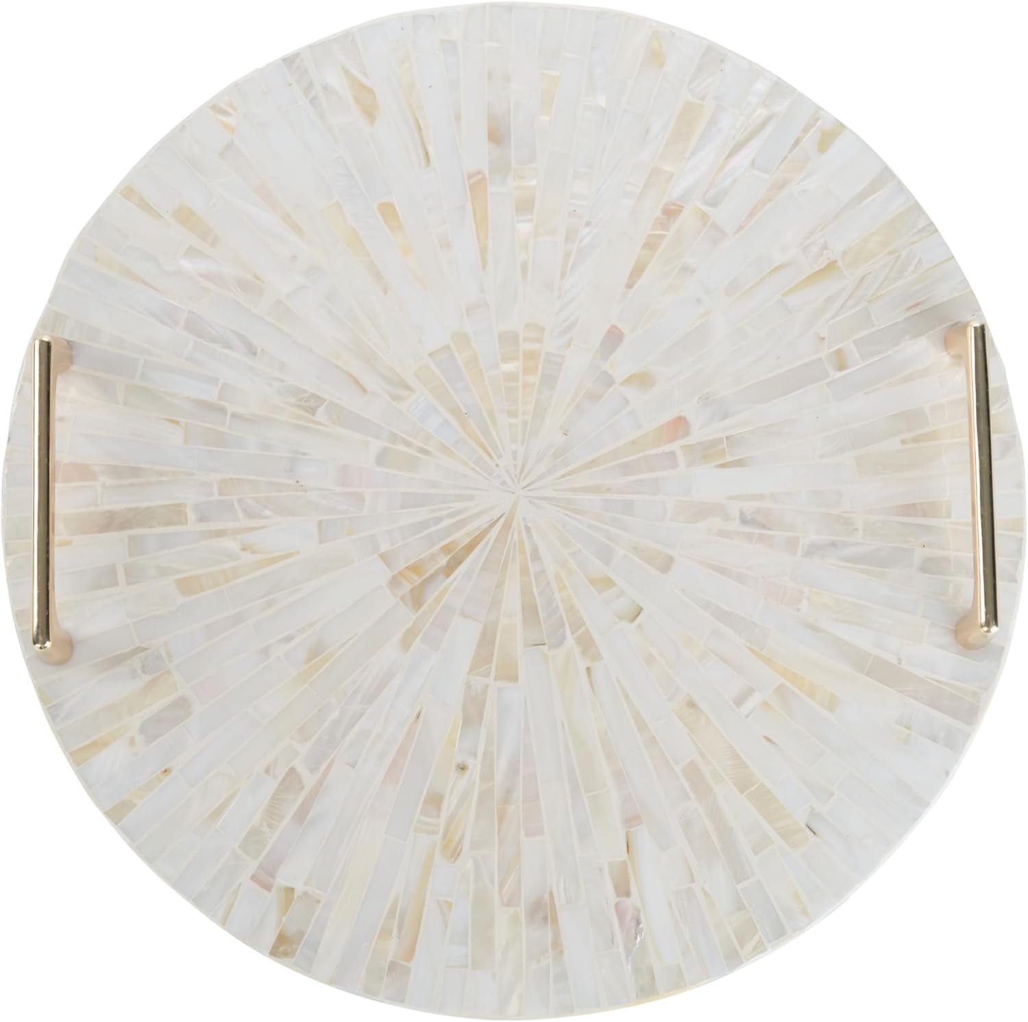 PEMAR Mother of Pearl Decorative Tray, 13″” Round with Gold Metal Handles, Vanity/Perfume/Trinket Tray, Catchall for Dresser, Bathroom, Vanity Table (White Sunlight)