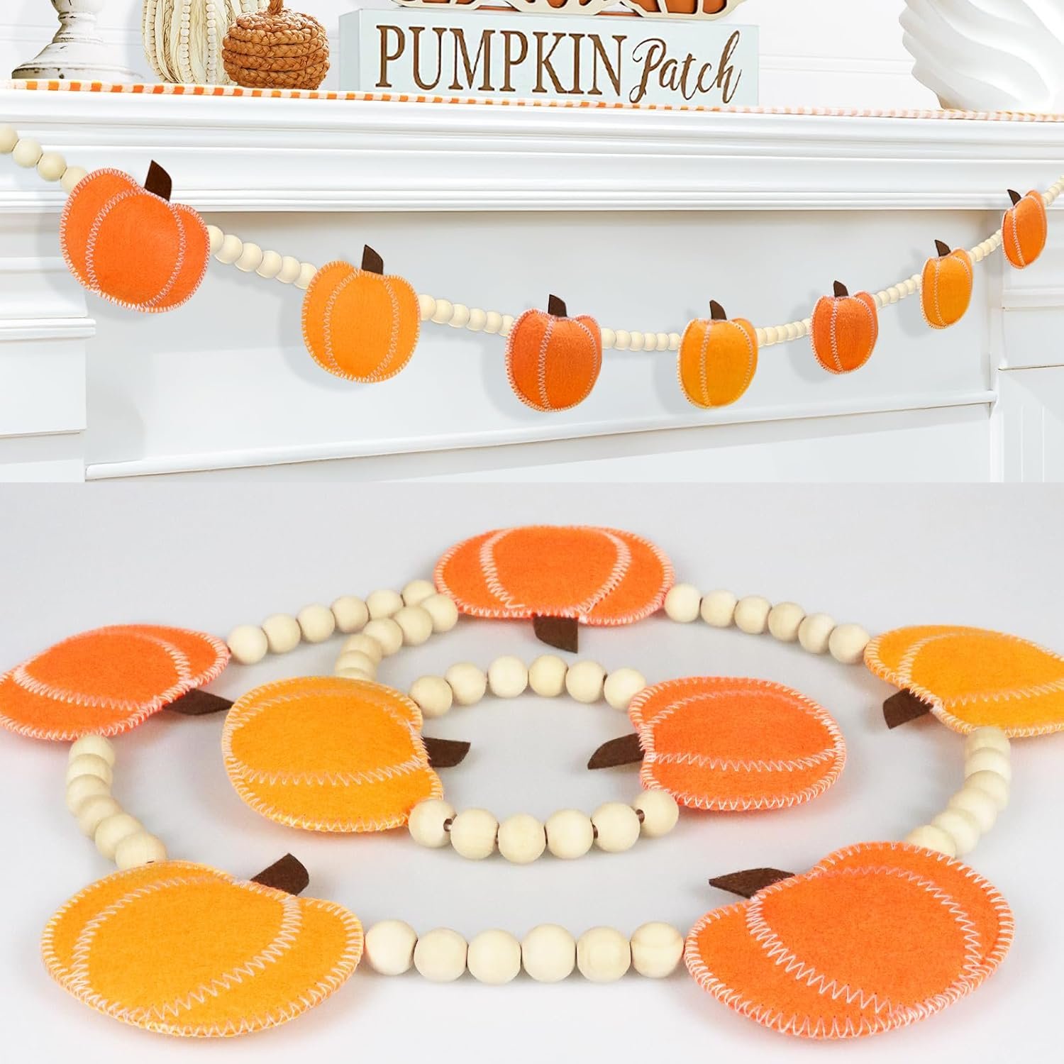 Fall Decorations for Home Pumpkin Garland, Adjustable Wood Bead Felt Pumpkins Hanging Garland, Fall Banner for Mantel Fireplace Indoor Room Office Table Wall Halloween Thanksgiving Farmhouse Decor