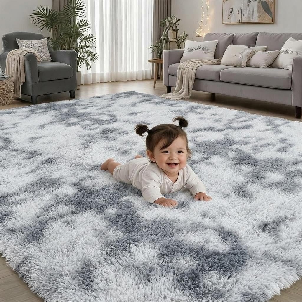 GarveeHome Grey Bedroom Rug 9×12 Non Slip Super Soft Big Shaggy Rug for Living Room Kids Room Machine Washable high Pile Indoor Carpet for High Traffic Area, Tie-dye Light Grey