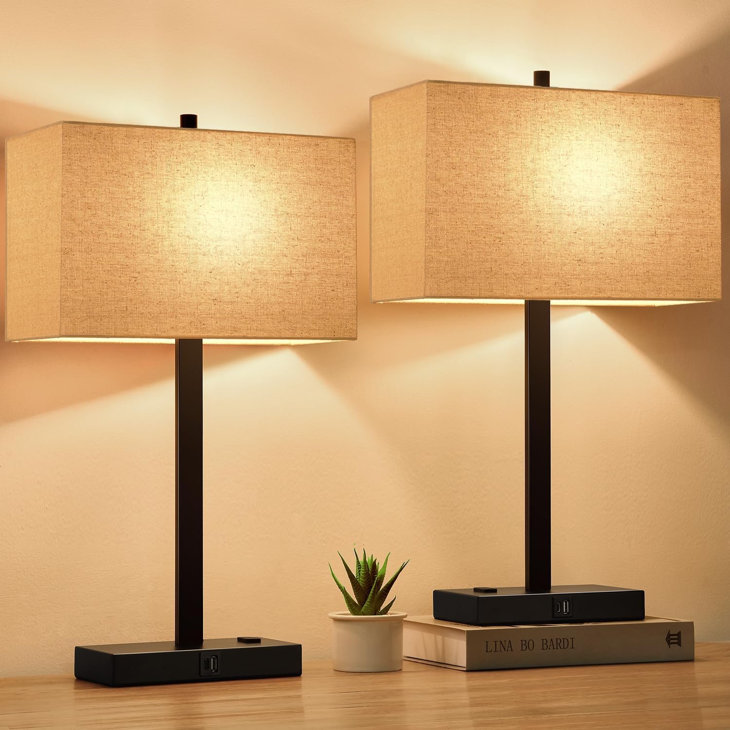 21″ Touch Bedside lamps with 2 USB & AC Outlets, 3-Way Dimmable Bedside Table Lamps Set of 2 for Bedroom Living Room Office Reading, Beige Linen Shade Lamps for Night Stands, 2700K LED Bulbs Included