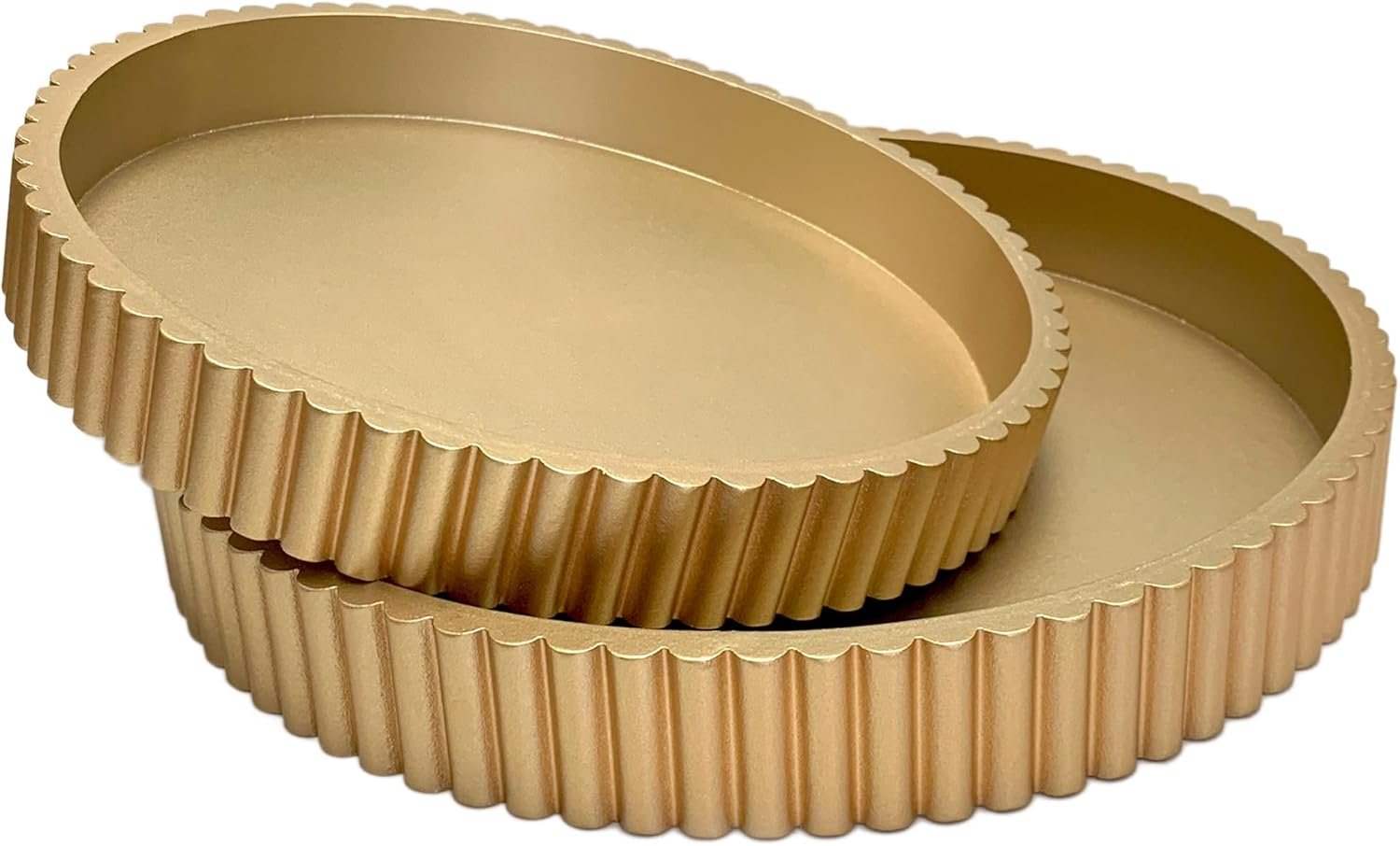 Modern Table Round Decorative Trays 2pcs Home Decor – Circle Coffee Table Centerpiece Set 12″/10″ – Wooden Golden Ottoman Tray with Fluted Edge