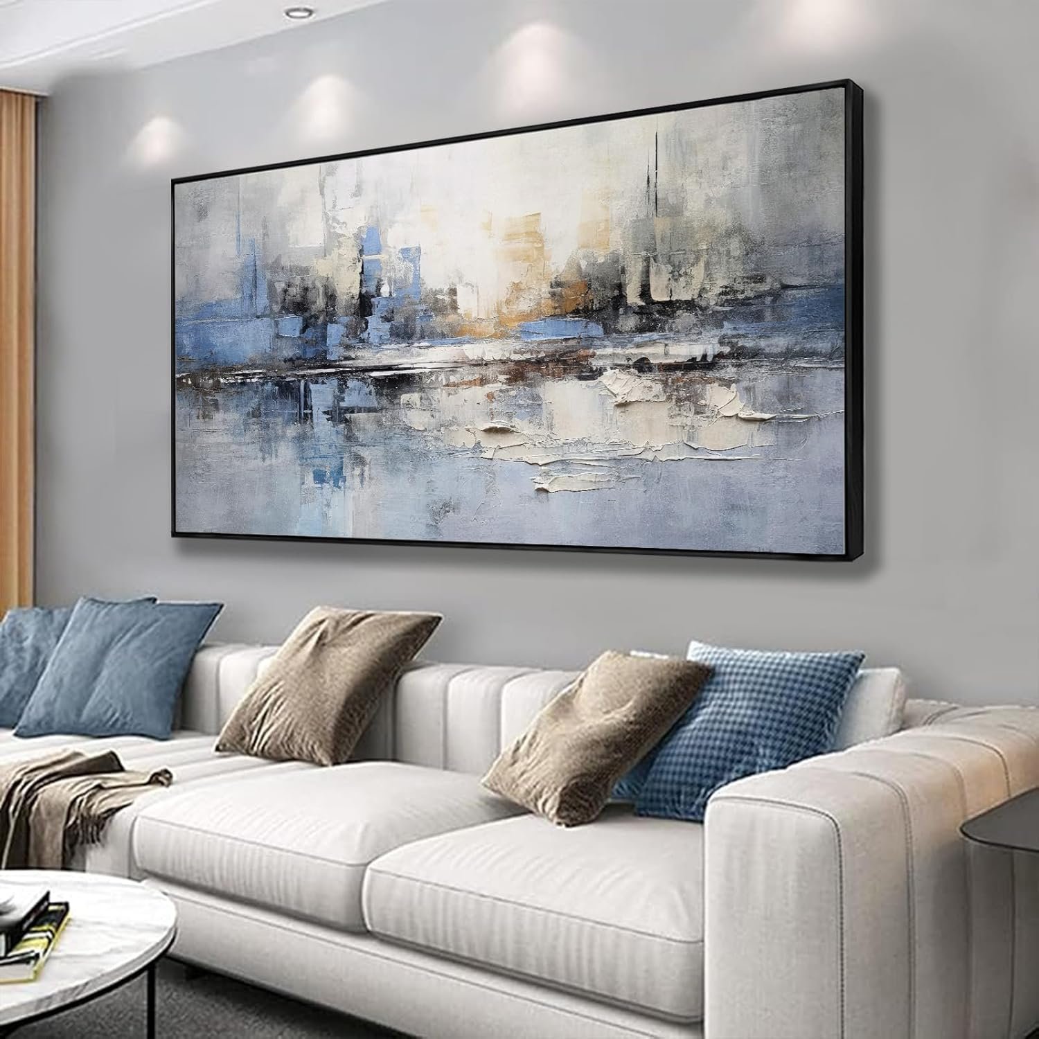 Abstract Wall Art Blue and White Reflection Large Size Framed Artwork Wall Decor Canvas Painting Stretched Canvas Wooden for Living Room Bedroom Office Home Decor Frame ready for hanging 30″x60″