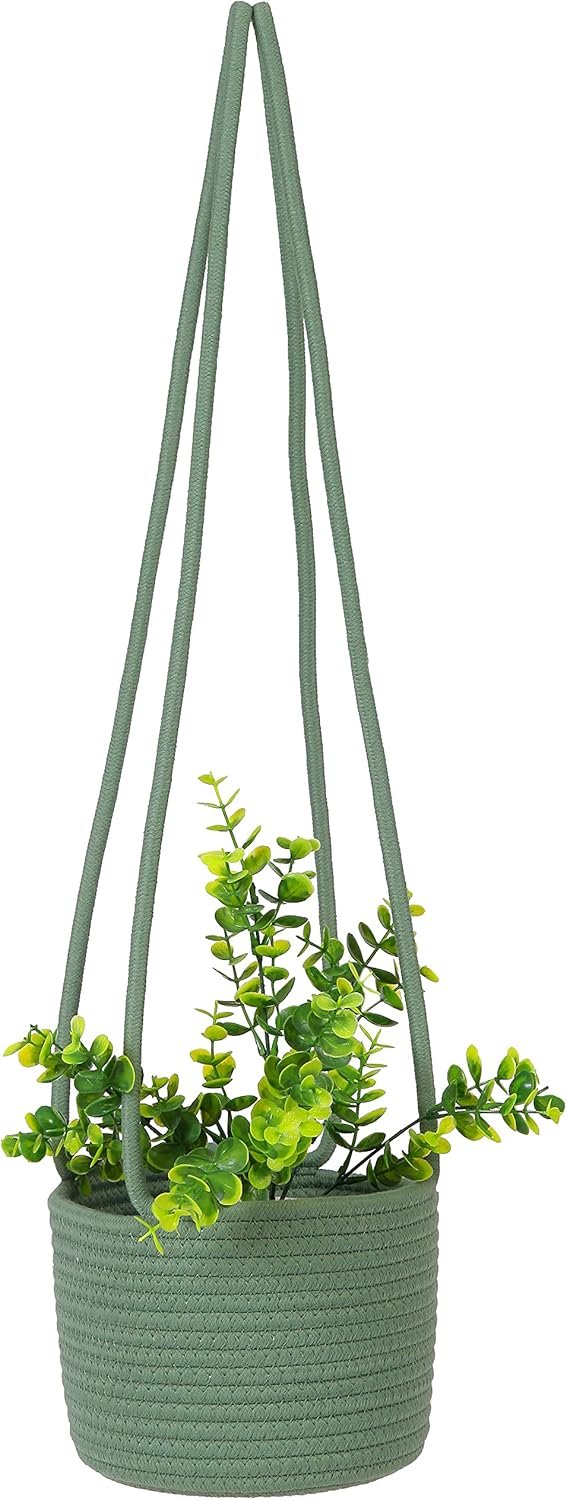 Hanging Planter Basket Jute Rope Woven Plant Hangers Indoor Hanging Plant Holder Up to 7″ Pot Macrame Modern Storage Organizer Home Decor (Green)