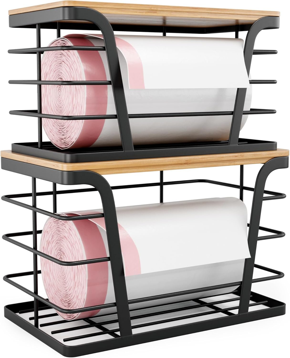 TIDIIABODE 2 Pack Stackable Storage Laundry Kitchen Organizers, Wall Mount Trash Bag Holder with Bamboo Top and Garbage Bag Dispenser No Drill