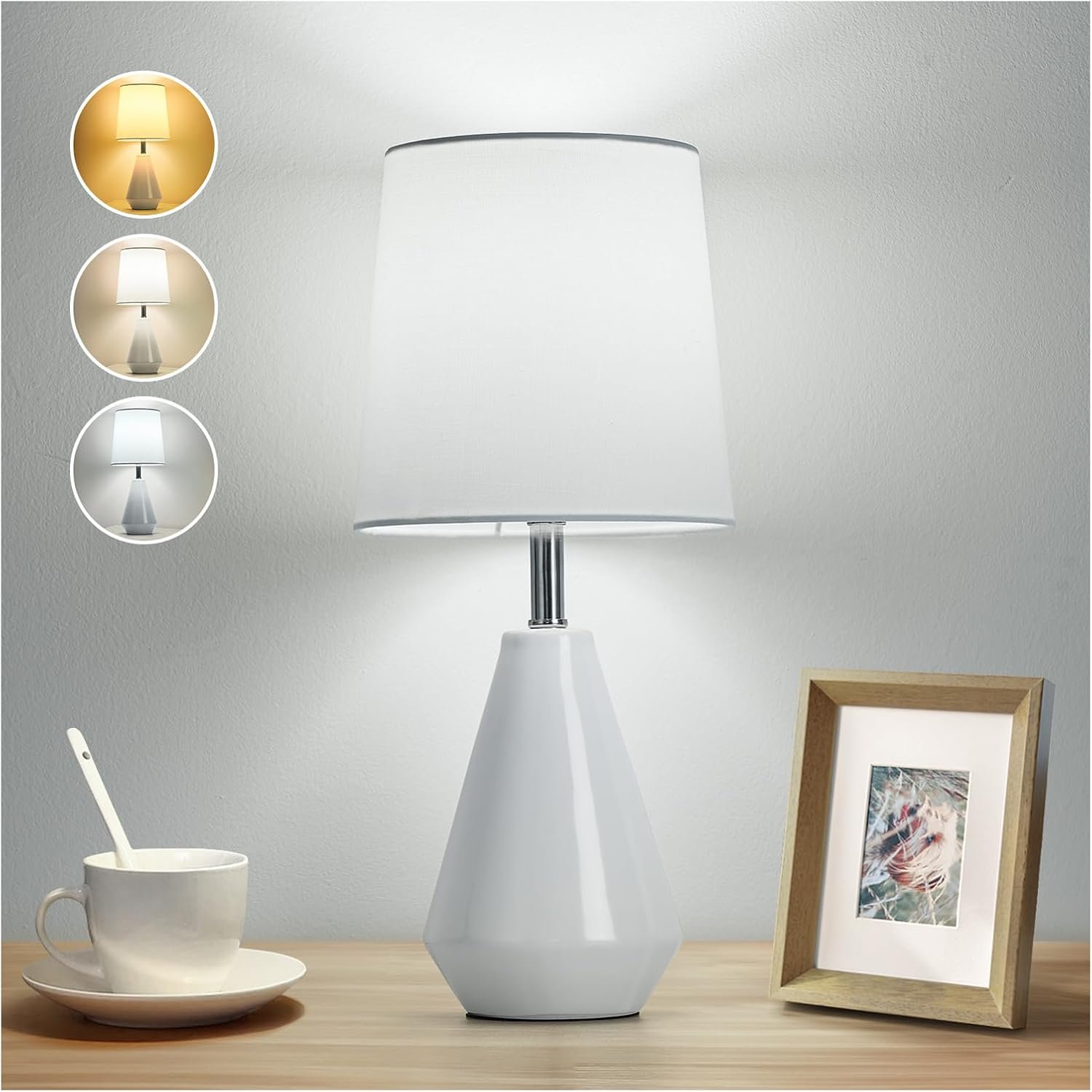 Small Bedside Table Lamp for Bedroom – Reading Desk Lamp with 3 Color Temperatures，15.5″ Nightstand Ceramic Lamp with Fabric Shade for Kids Room,Living Room,Dorm,Home Office (White)