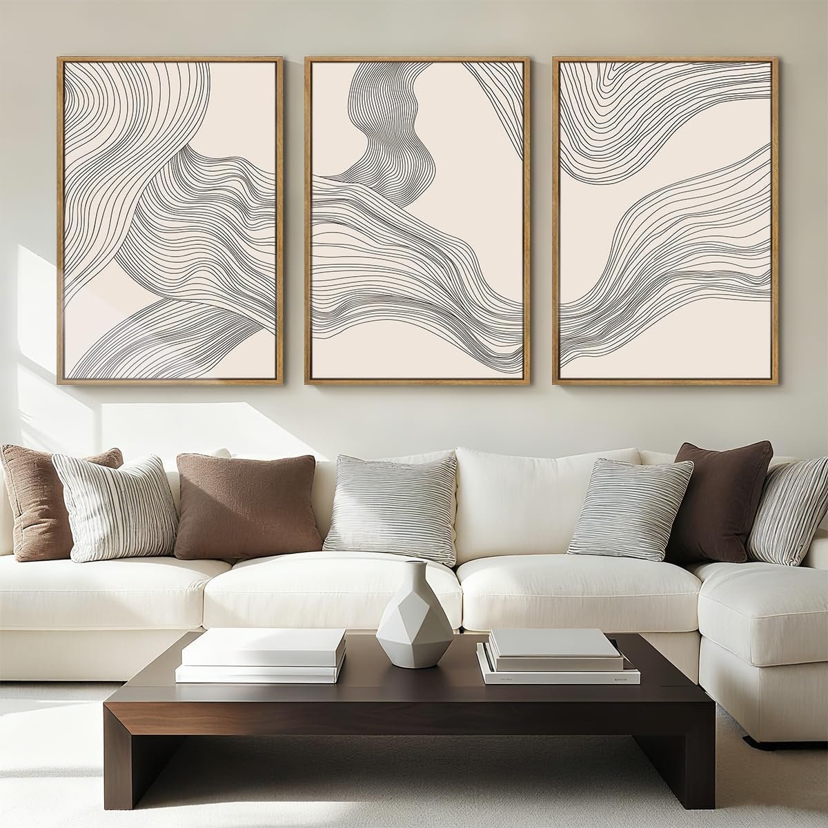 Beige Abstract Wall Art Framed Neutral Modern Canvas Wall Decor Minimalist Line Wave Painting16x24 Inch Pictures Set of 3 for Living Room Bedroom Dining Room