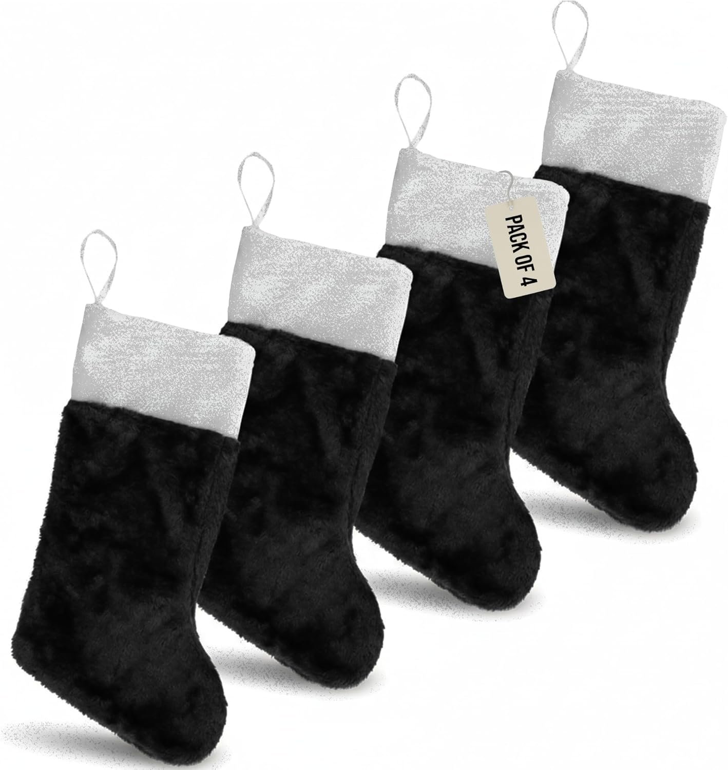 Iconikal 4-Pack Black 18-Inch Plush Fabric Christmas Stocking, Soft White Cuff, Holiday Decor