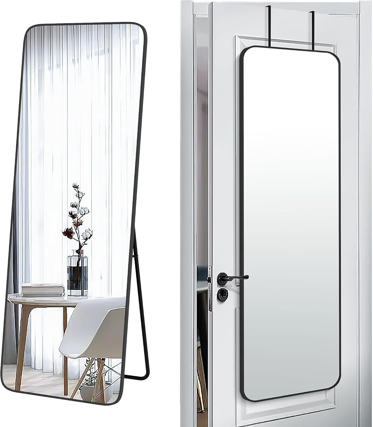 SCWF-GZ 57×20 Door Hanging Full Length Mirror, Floor Stand (Height 5.7ft just Body in1.3ft) Wall Mounted Metal Frame Rectangle Dressing Mirrors for Bedroom Living Room 57 inch Black