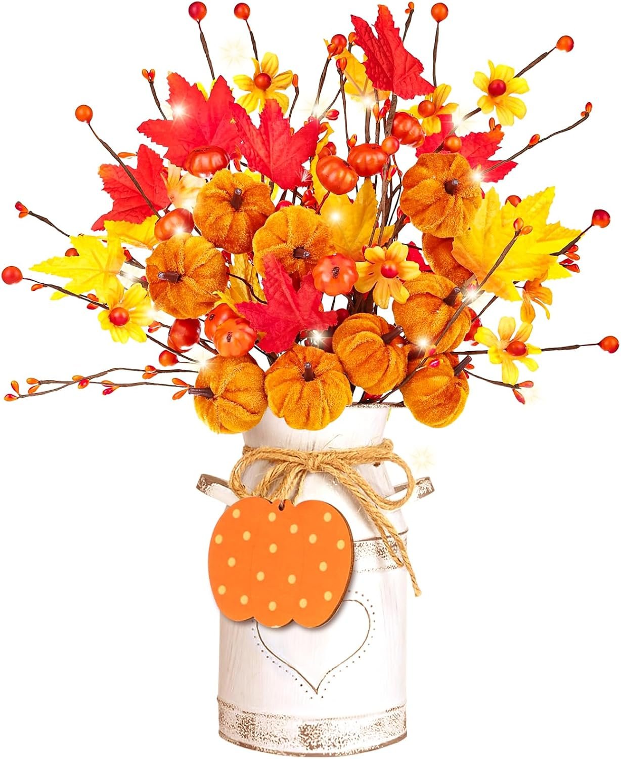 Thanksgiving Centerpieces for Tables Fall Table Decor 5 Pcs Artificial Pumpkins Maple Leaf Stems with Vase, String Lights and Wooden Sign Flowers Arrangements for Autumn Harvest Farmhouse Home Decor