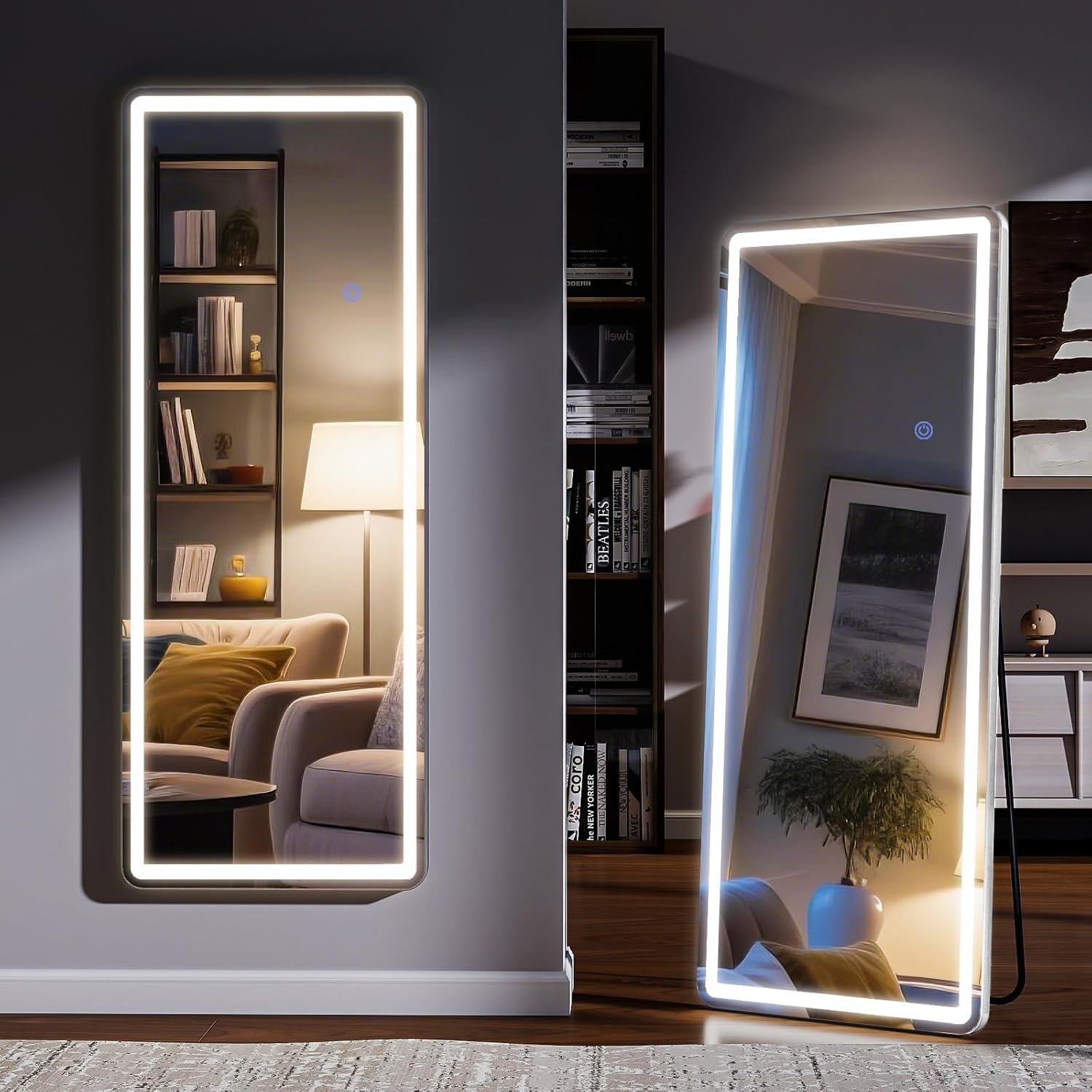 Led Mirror Full Length 16 x 60 Inch Tempered Glass Full Body Mirrors with Dimming & 3 Color Lighting Standing Leaning or Hanging Full Length led Mirrors for Home Wedding Party Camping Rect