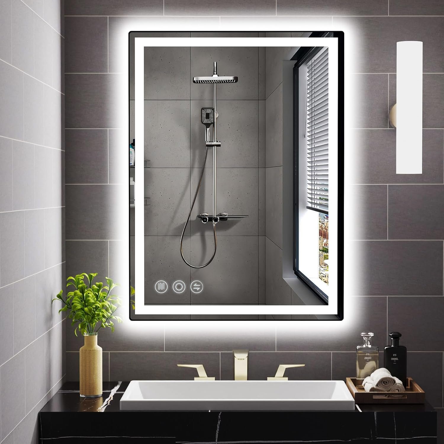 LED Bathroom Mirror 24″x 32″ with Stepless Dimmable Wall Mirrors with Anti-Fog, Dimmable CRI>90, Vanity Mirror with 3 Color Modes, Shatter-Proof, Memory Bathroom Mirror with LED Lights