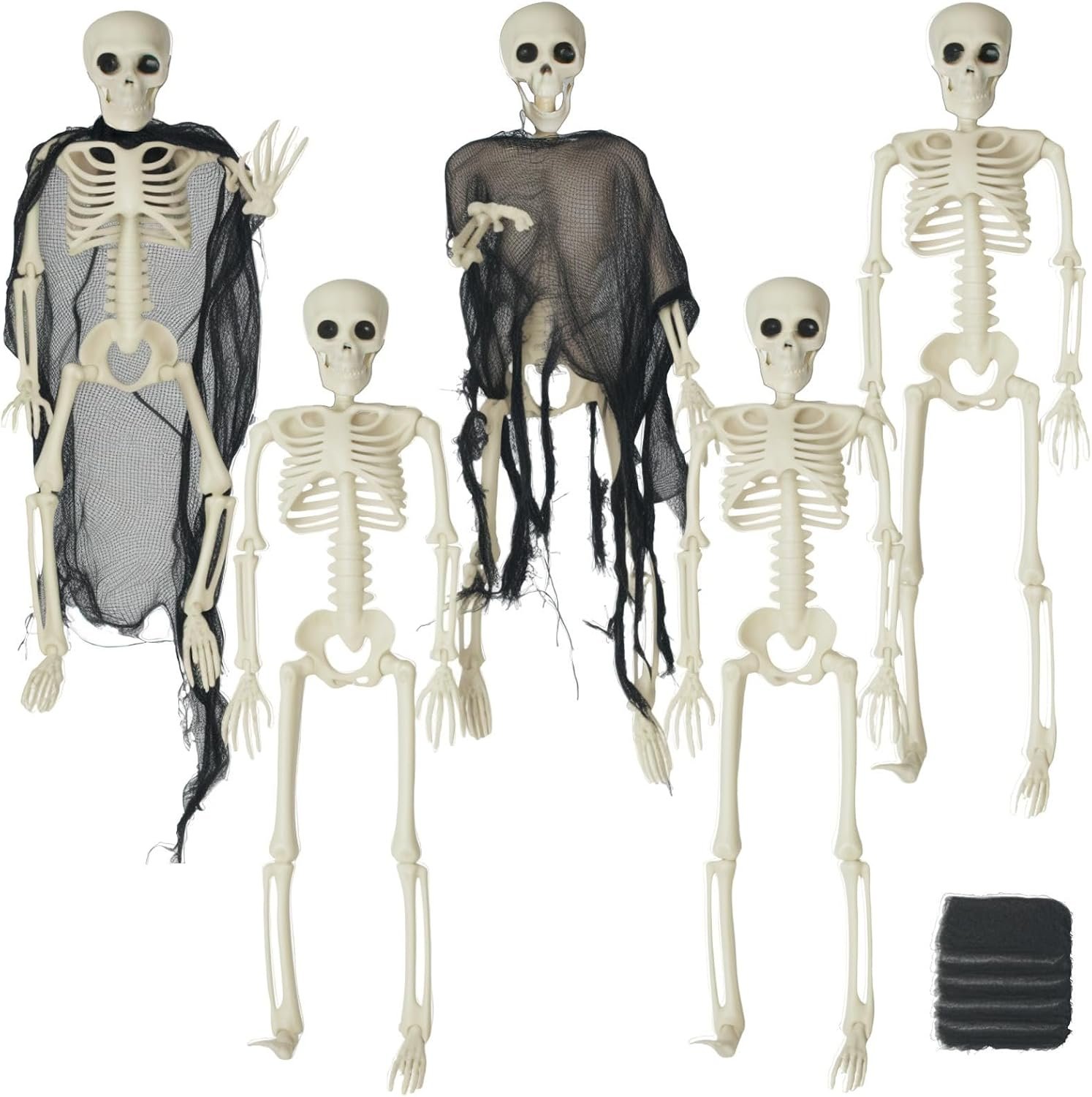 5PCS Halloween Skeleton Decor 16 Inches, Hangable Swinging All Body Joints Skeletons, Comes with DIY Mysterious Black Gauze, Halloween/Haunted House/Chamber Decoration, Horror Party Accessories ﻿