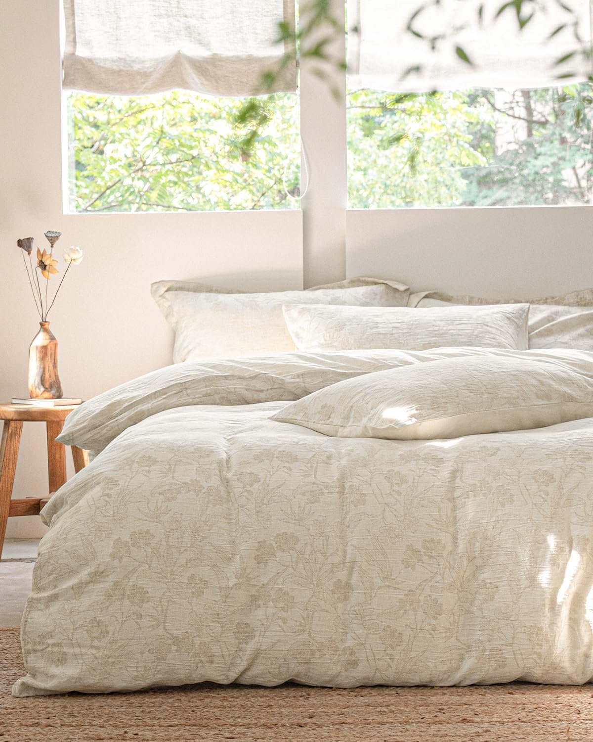 MILDLY Linen Cotton Duvet Cover – Garden Floral Jacquard Textured Comforter Cover Set 3pcs with Zipper Closure Breathable & Minimalist for All Season