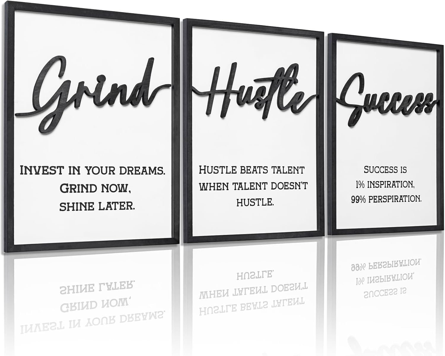 3D Wood Inspirational Office Wall Decor, 36″ x 16″ Framed Grind Hustle Success Motivational Wall Art, Positive Quotes Wall Art for Home Office Bedroom (Ready to Hang, Set of 3, Framed)
