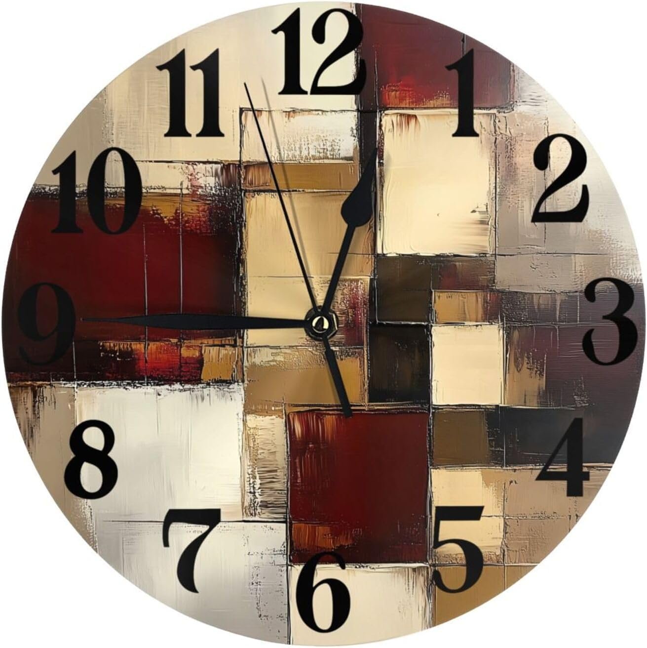Beige and Burgundy Abstract Blocks Clock for Living Room Wall Clock Round Kitchen Non-Ticking Silent Battery Operated Quartz Atomic Analog Clocks Decorative Bedroom Home 10 Inch