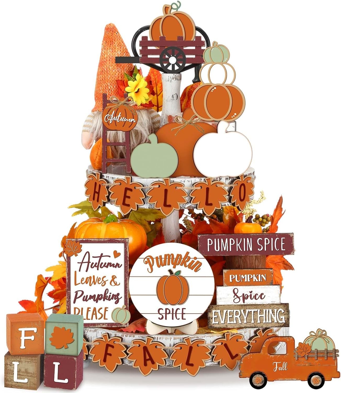 Maitys 21 Pcs Thanksgiving Tiered Tray Decor Set Fall Pumpkin Gnome Truck Scarecrow Wood Sign Rustic Farmhouse Decor Hello Fall Wood Bead Decorative Tabletop Sign for Autumn Thanksgiving Day(Retro)