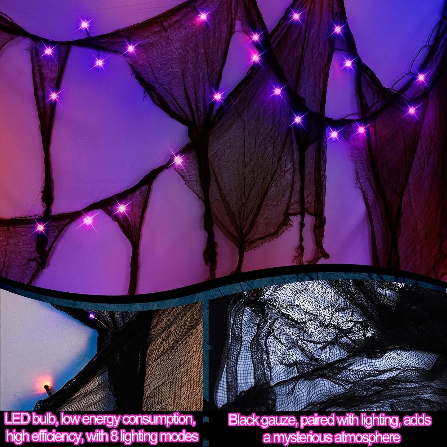 Halloween Purple Orange String Light with Black Creepy Cloth, 50LED 16ft Gothic Gauze Garland with 8 Mode Battery Operate Fairy Lights Spooky Halloween Decor for Porch Fireplace Party Indoor Outdoor