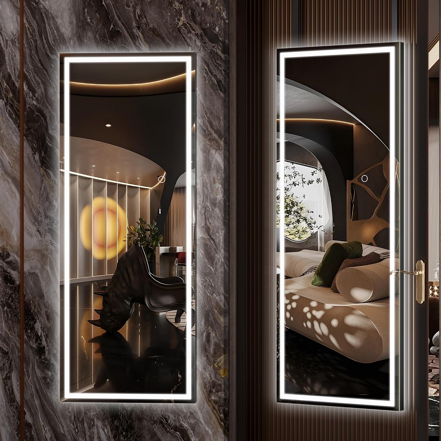 Hasipu LED Over Door Mirror Full Length, 44″ x 15.8″ Lighted Full Body Wall Mounted Mirror, Light Up Long Dressing Mirror, Square Black