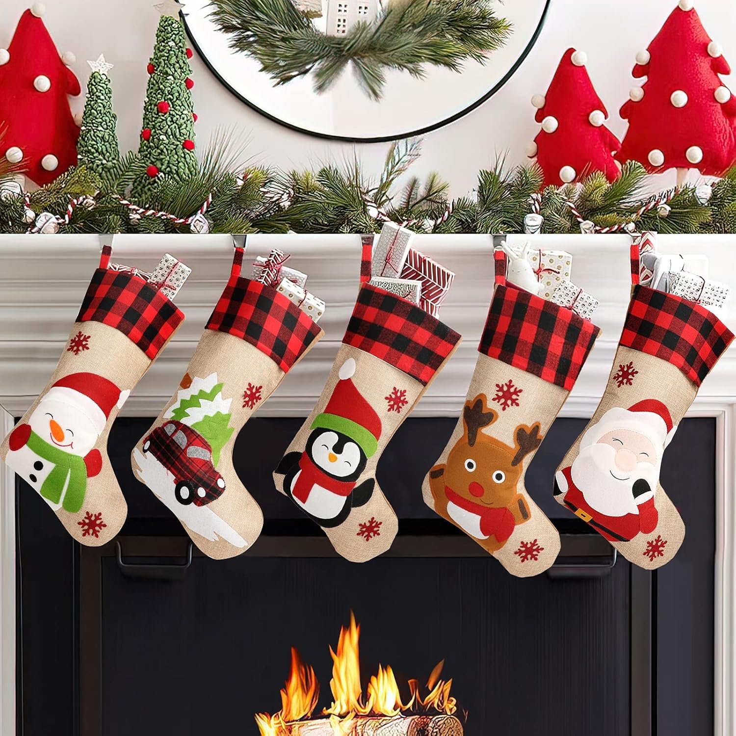 Christmas Stockings 5 Pack, 18” Large Christmas Stockings with Santa Snowman Gnomes Pattern,Classic Buffalo Plaid Cuff,Xmas Ornaments for Family Stairs Fireplace Tree Hanging