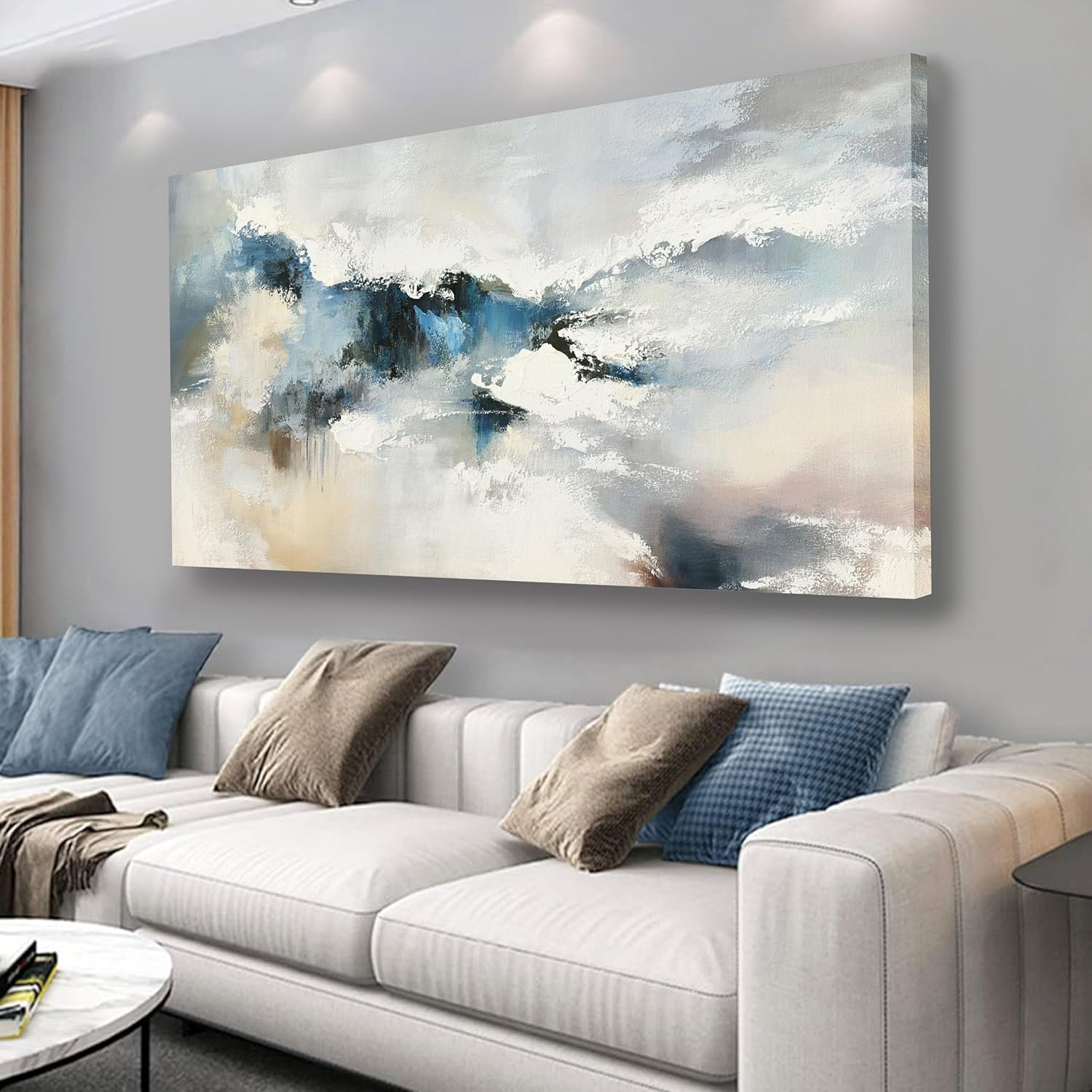 Yuaxker Abstract Wall Art Blue and White Wall Decor Vogue Canvas Painting Artwork for Living Room Bedroom Dining Room Office Home Decor 24×48 Inch