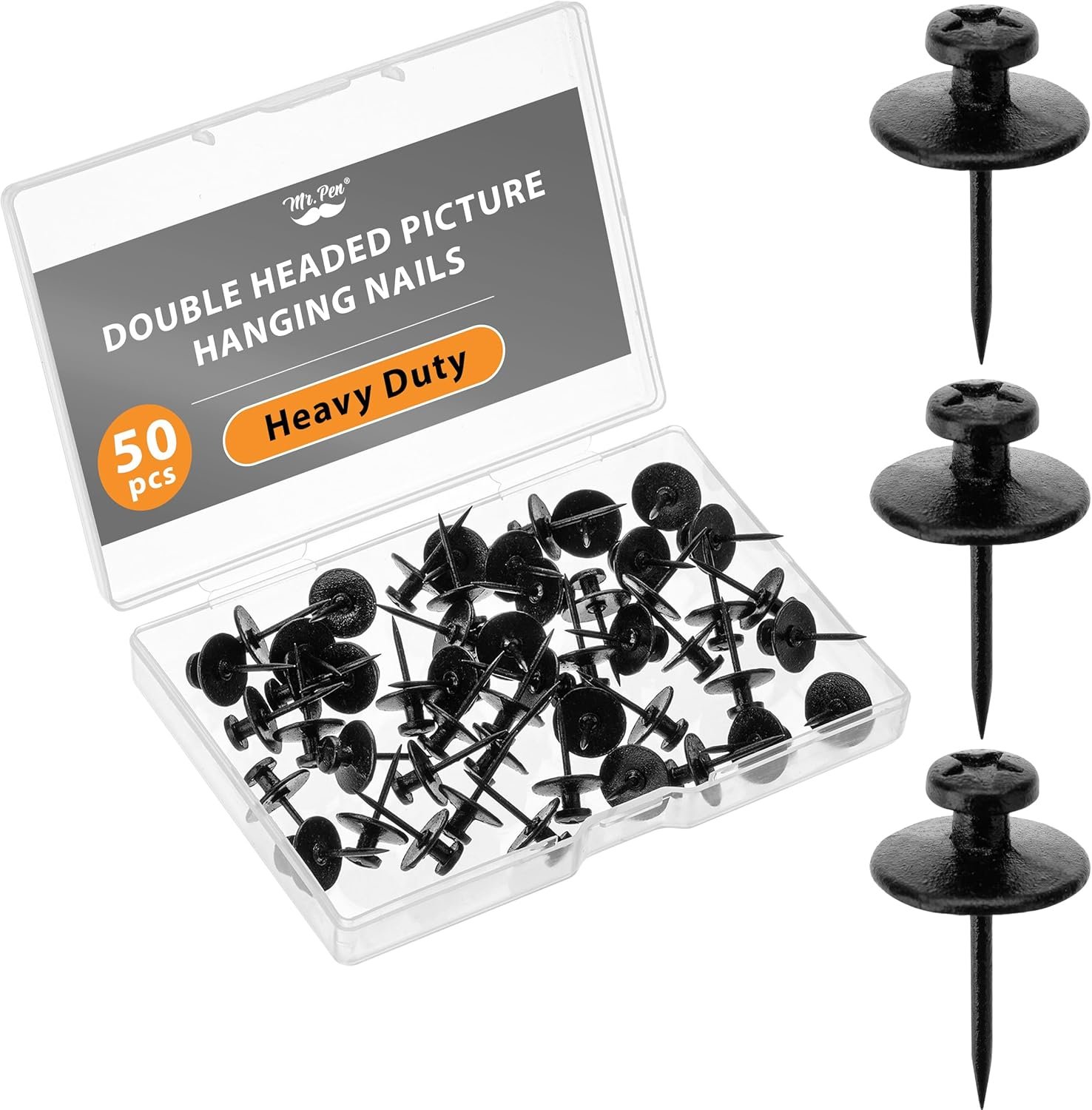 Mr. Pen- Double Headed Picture Hanging Nails, 50 Pack, Black | Push Pins for Wall, Small Picture Frame Hangers for Drywall Cork Board, Home Office, Photo Decorations