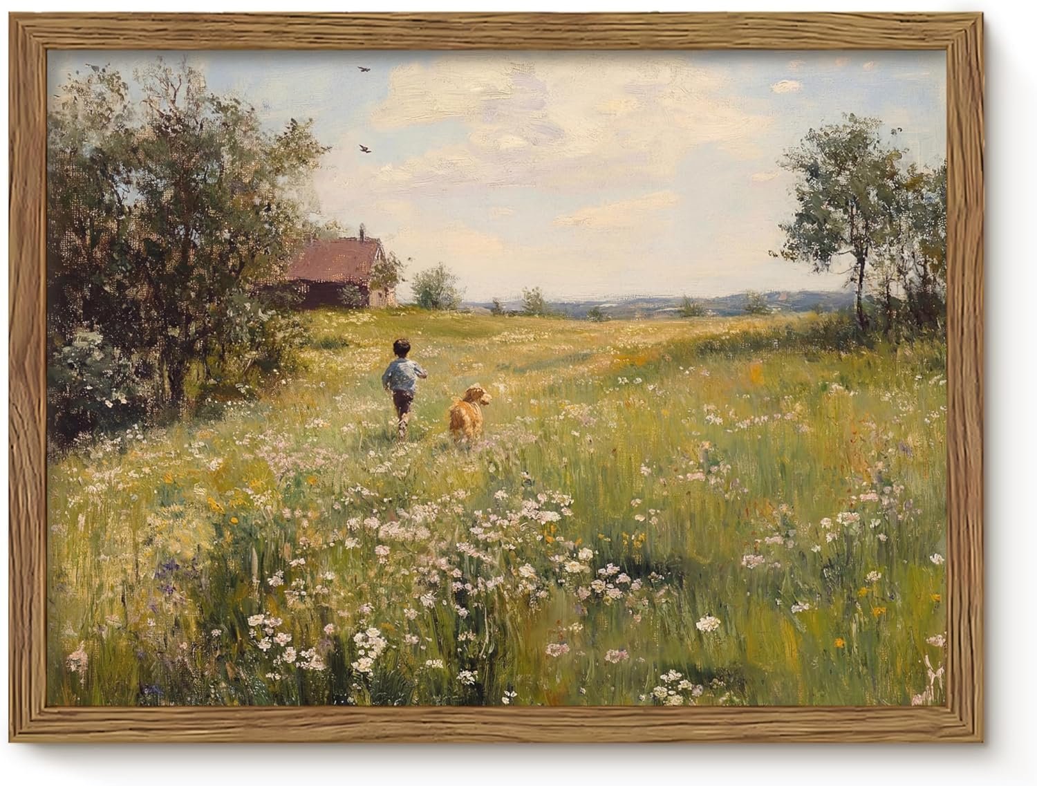Vintage Framed Canvas Wall Art, Rustic Wall Decor, Boy Running in the Flower Field Pictures Prints, Farmhouse Landscape Oil Painting, Country Artwork for Living Room Bedroom – 12x16in