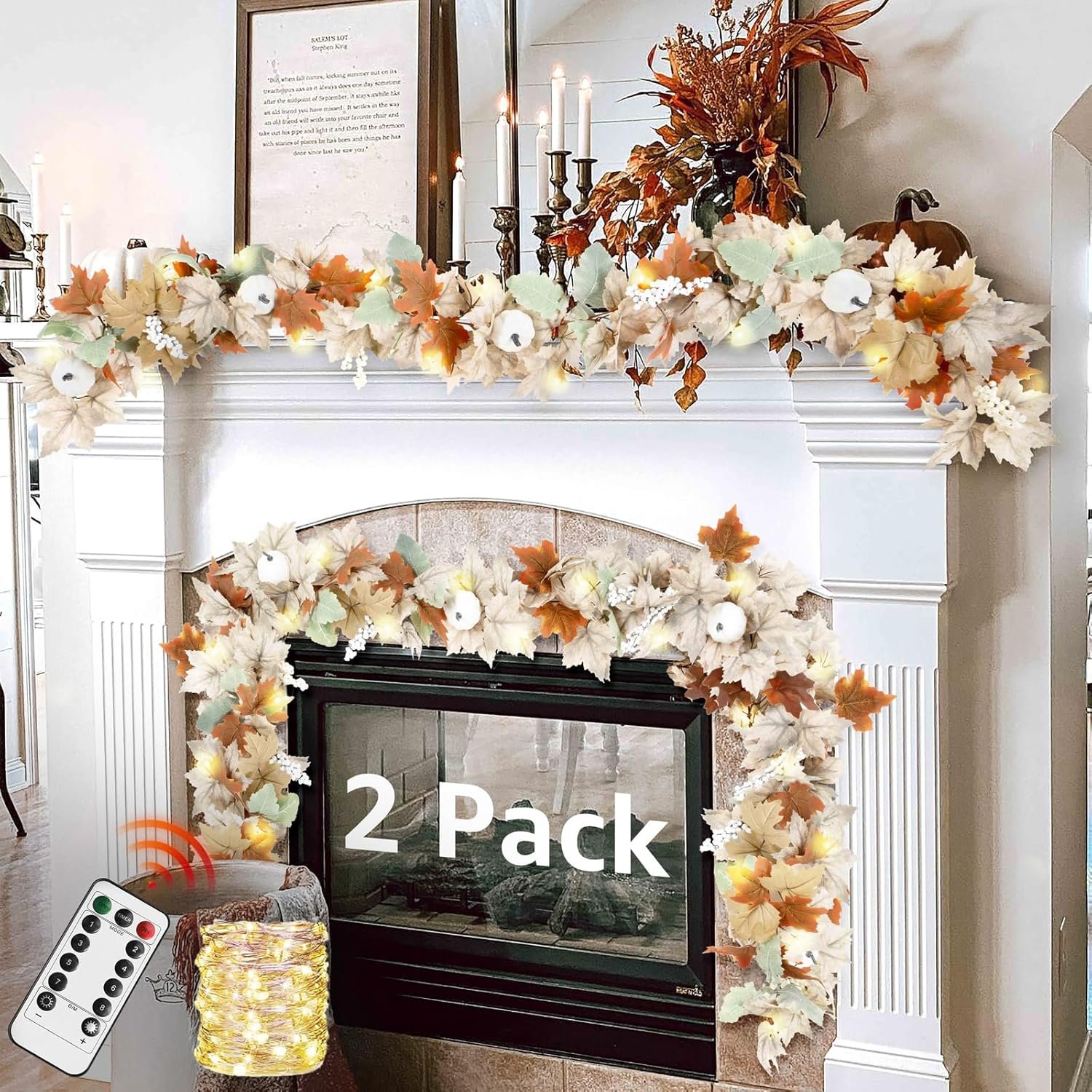 Neutral Fall Garland for Mantle Fireplace – 2 Pack 6Ft Outdoor Autumn Leaves Decor for Home Front Door with Pumpkins Indoor Maple for Farmhouse Table Stairs Porch Halloween Thanksgiving Decorations