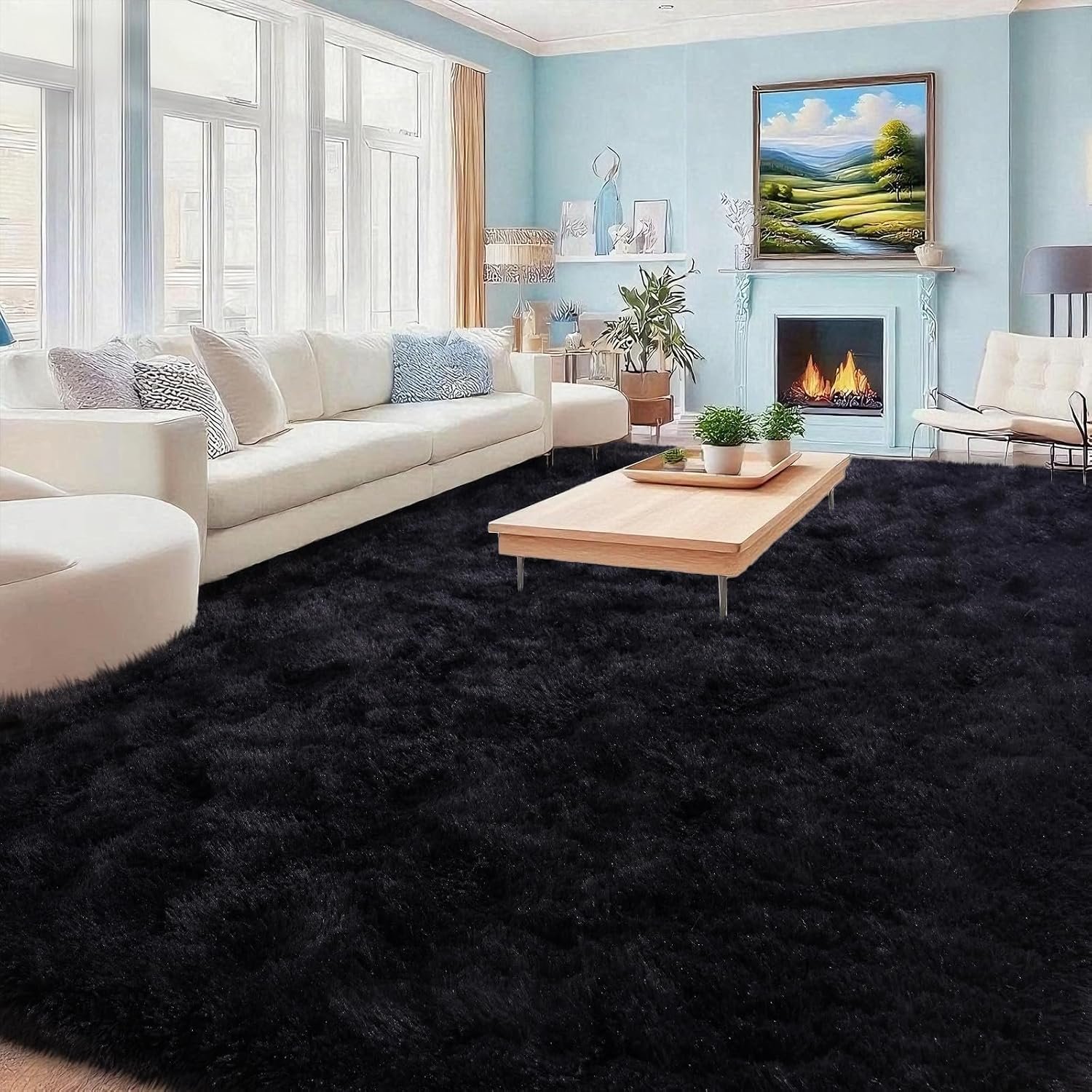 Mugorn Black Area Rugs 10×14 Living Room, Large Fluffy Rugs for Bedroom, Soft Carpet Shag Kids Room Rug, Non-Slip Fuzzy Rugs Indoor (10ft x 14ft, Black)