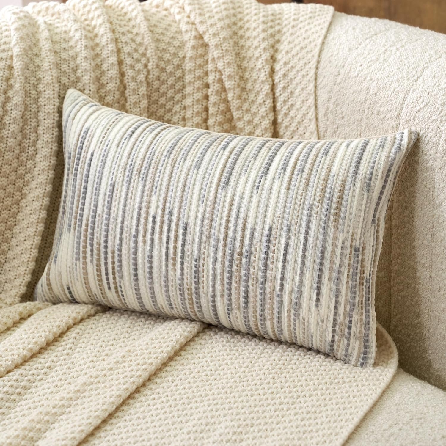 Aeckself Boho Striped Pillow Cover 12×20, Rectangle Decorative Lumbar Throw Pillow Cover Chenille Neutral Pillowcase for Couch Bedroom Living Room, Gray White