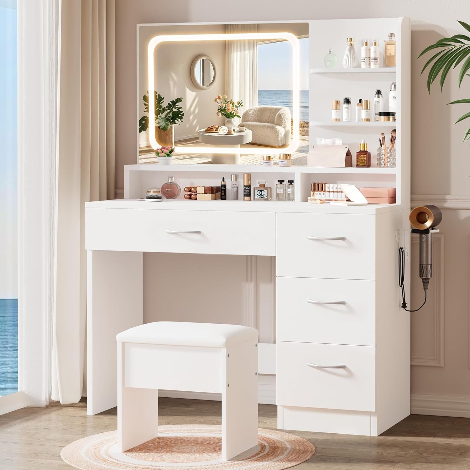 LIVELYGLOW Makeup Vanity Desk with Smart LED Mirror & Charging Station, 34.1″ White Vanity Table Set with Cushioned Stool, 4 Drawers & Hairdryer Rack, Modern Bedroom Dressing Table-White
