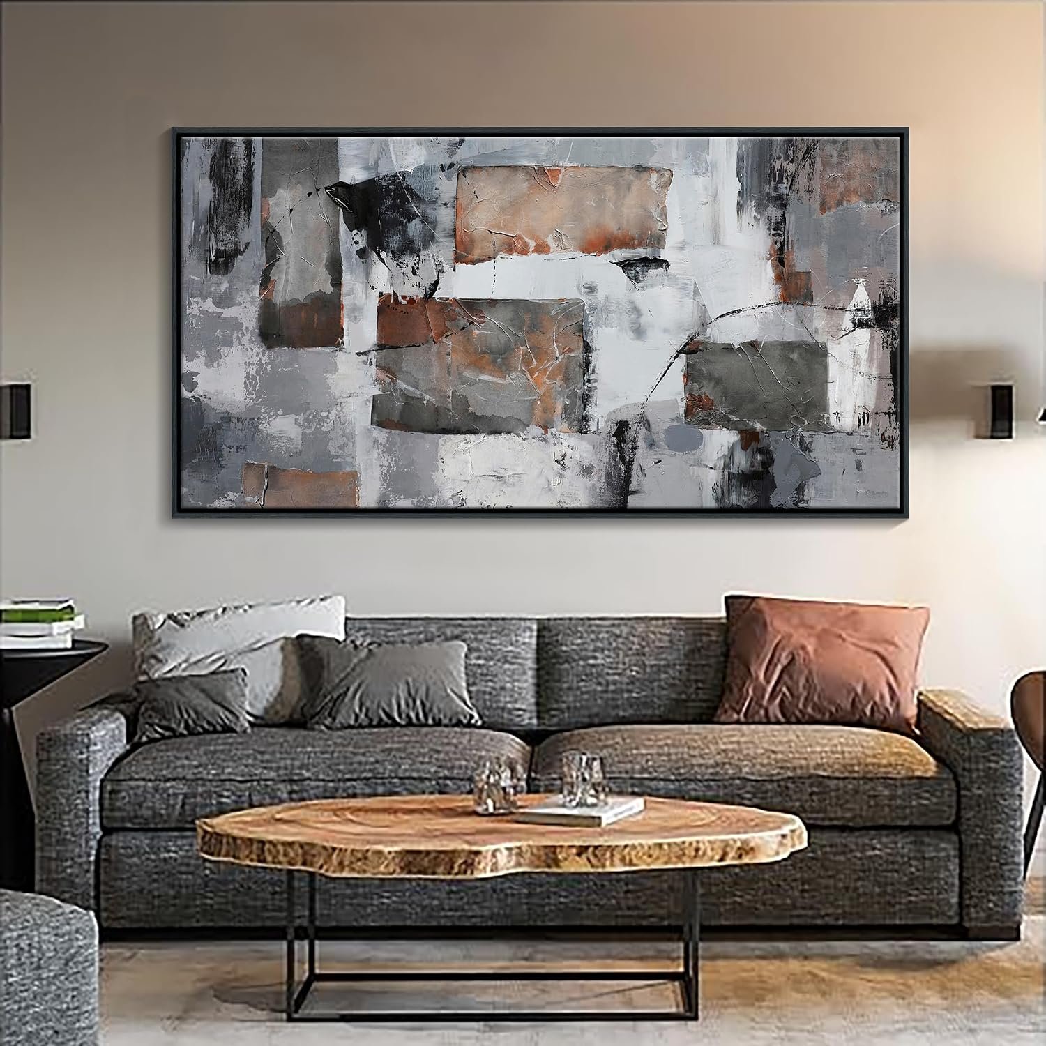Framed Abstract Canvas Wall Art, Large Modern Artwork – Ideal for Living Room, Bedroom, Office Decor – Gray and Black Aesthetic Room Wall Decorations 24×48IN