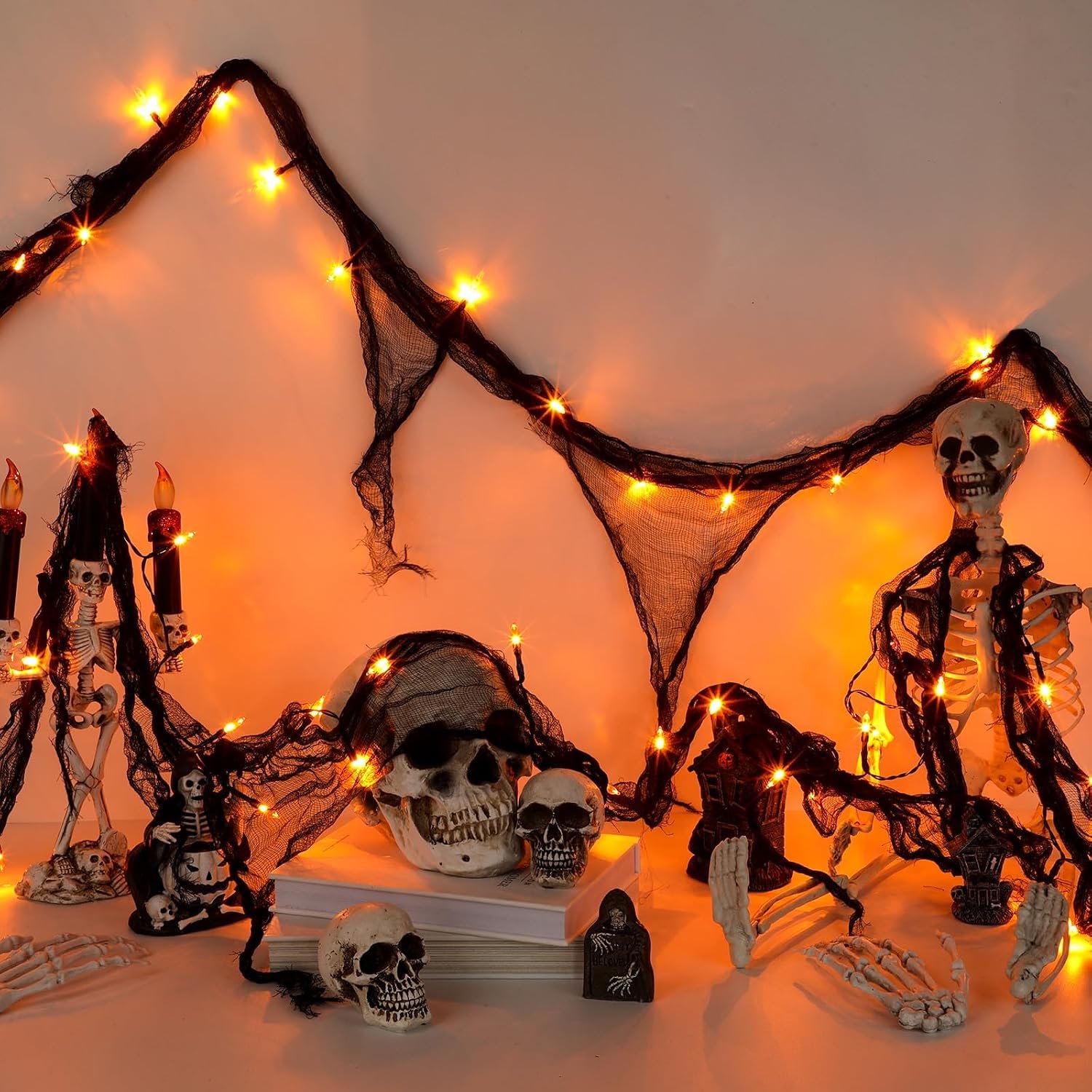 Baquler 2 Pcs 23ft Orange Halloween String Fairy Lights Decoration with Black Gauze Indoor 30 LED Creepy Cloth Halloween Garland Light 8 Mode Battery Powered Gothic Party Room Fireplace Decor