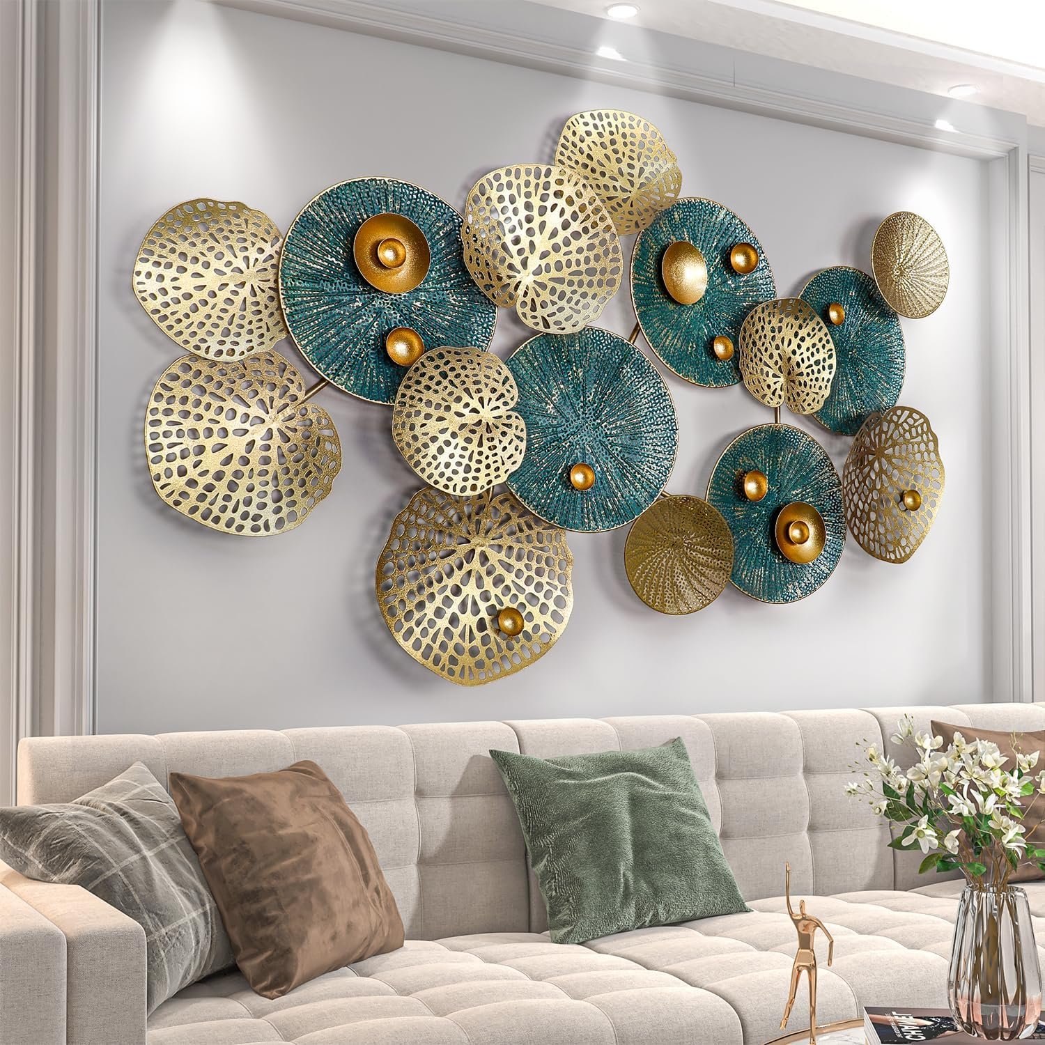 KEQAM Metal Wall Art for Living Room,Large Metal Wall Decor,Modern Luxury Wall Sculpture,3D Lotus Leaf Wall Decor For Living Room,Dining Room Bedroom Outdoor 50”x26”