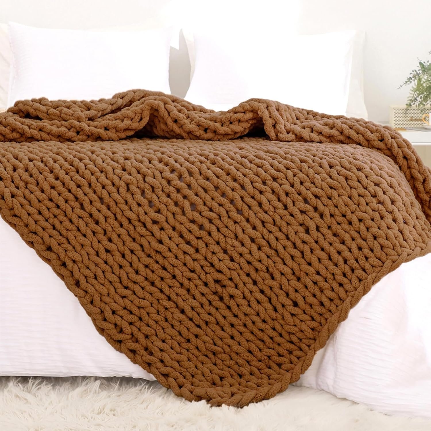 YAAPSU Chunky Knit Throw Blanket for Couch, 51″x63″, 100% Hand Knitted Thick Cable Knit with Cozy Jumbo Chenille Yarn, Soft Large Rope Knot Crochet Blankets for Sofa Bed Living Room Décor, Caramel
