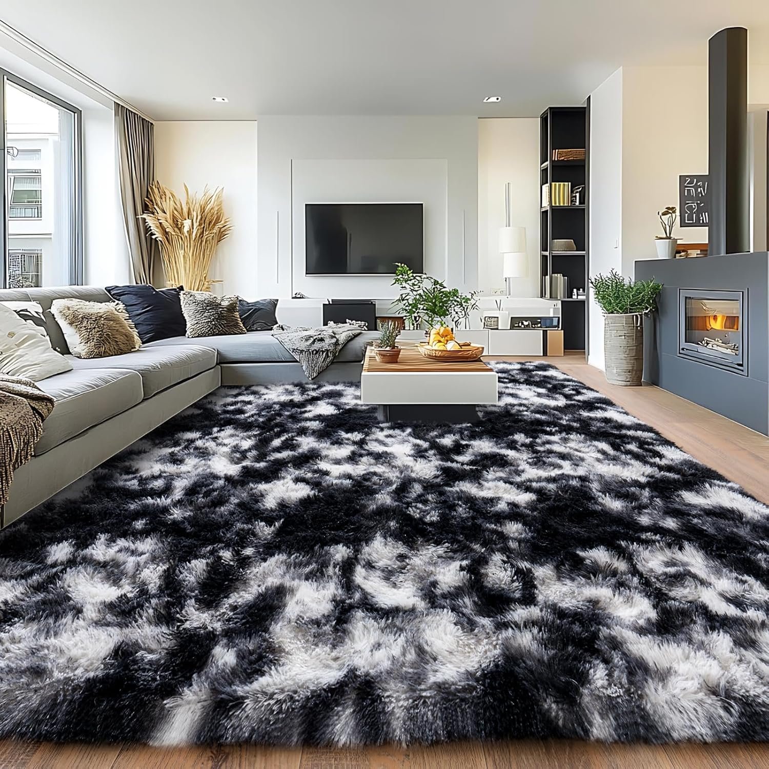 Pionblank 8×10 Rug for Living Room, Fuzzy Plush Large Area Rug, Fluffy Modern Shag Non Slip Soft Furry Carpet for Bedroom Kids Room Nursery Teens Dorm Home Decor, Black White