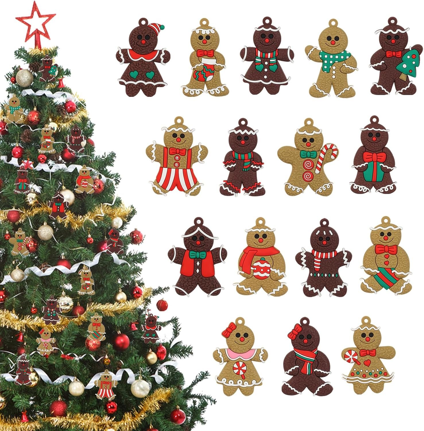 16 Pcs Gingerbread Man Ornaments for Christmas Tree, Gingerbread Christmas Decorations, 3 Inch Adorable Gingerbread Figurines Decor for Tree, Home, Office, Baking Party, Gift Tags & Party Favors