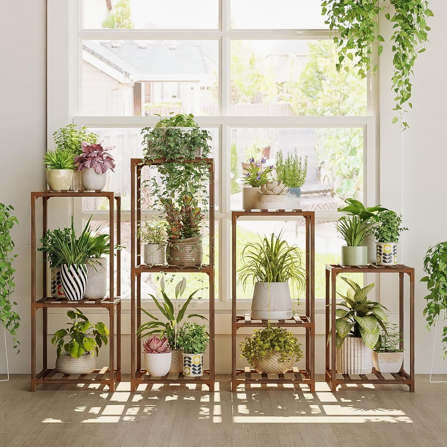 Bamworld Plant Stands Indoor 4 Sets Plant Shelves Outdoor Wooden Plant Holder for Multiple Plants Flower Stands for Living Room Balcony Garden Patio Lawn Window