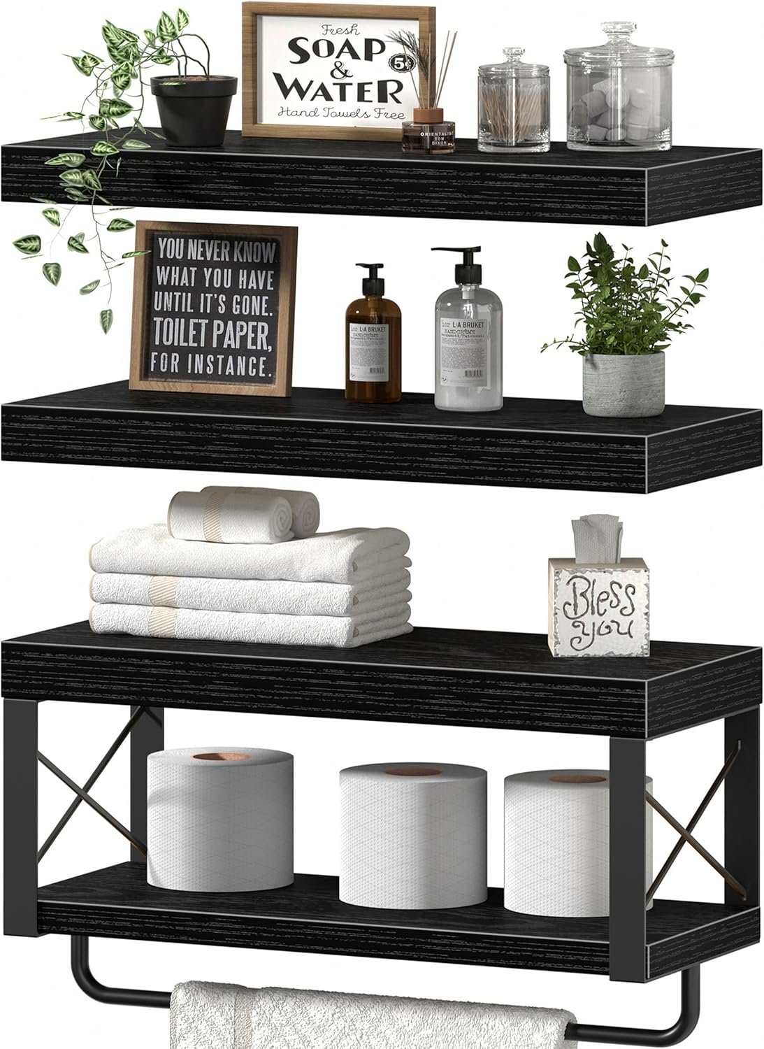 QEEIG Bathroom Shelves Over Toilet – Floating Shelf for Wall Toilet Paper Storage Farmhouse 16 inch Set of 3, Black (029-40B3)